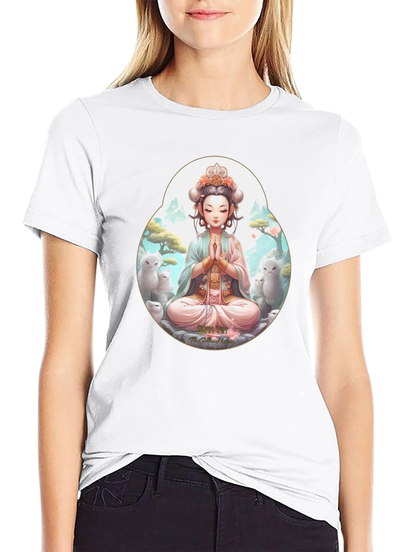 Black Zen Girl T-Shirt - Meditating Anime Style view 9
