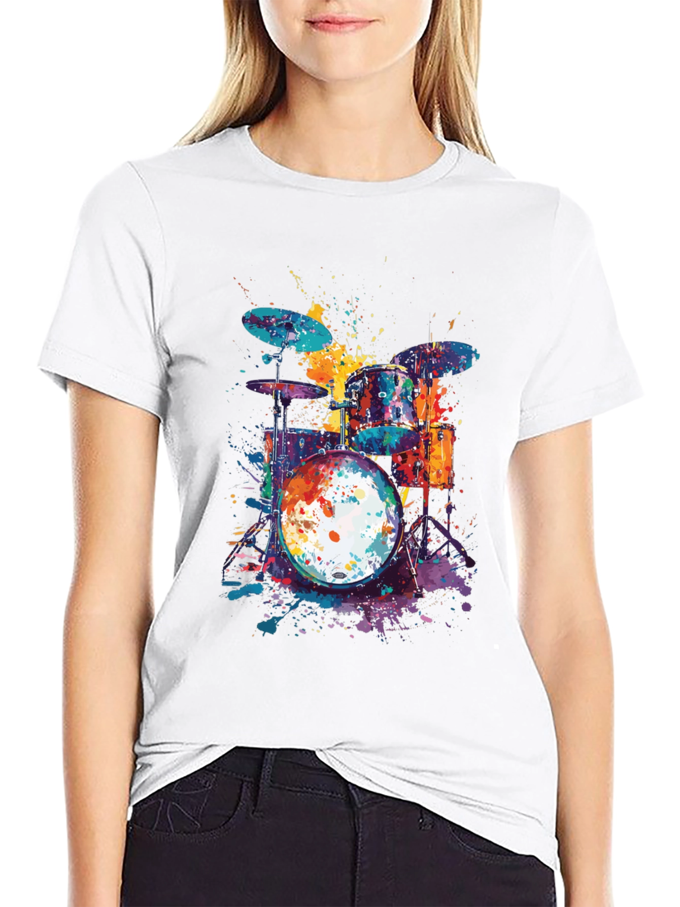Black Colorful Drum Set T-Shirt - Music Lover Tee view 9