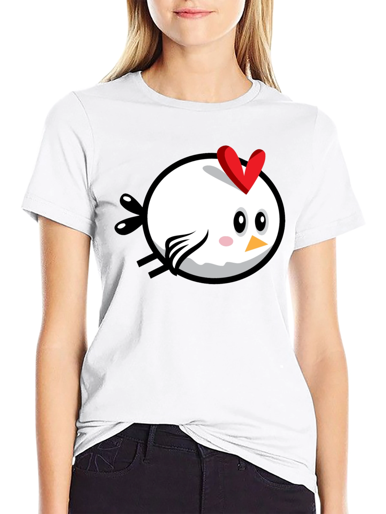 Black Cartoon Chicken Graphic Tee - Black Cotton T-Shirt view 9