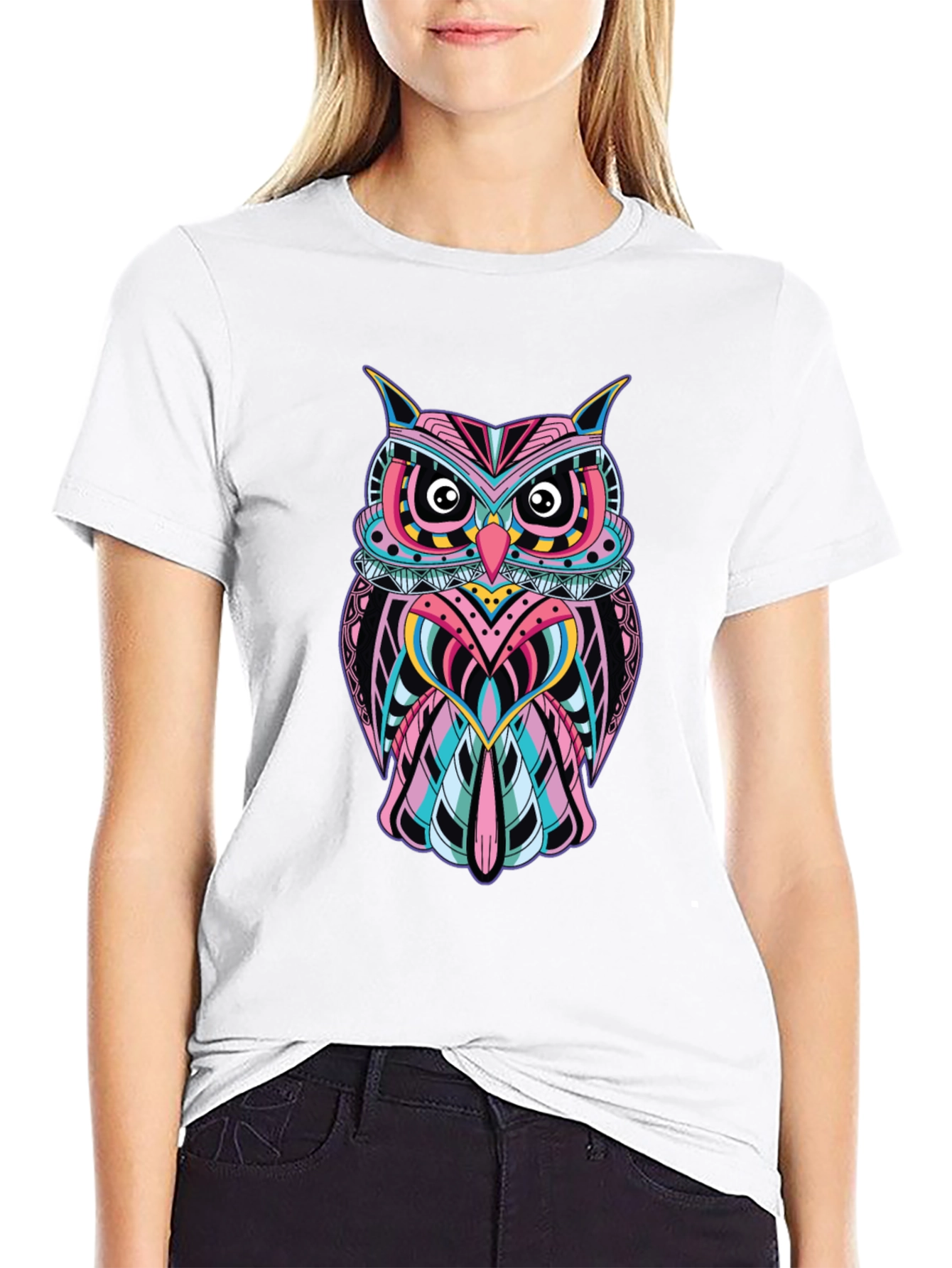 Black Vibrant Owl Graphic Print Black T-Shirt view 9