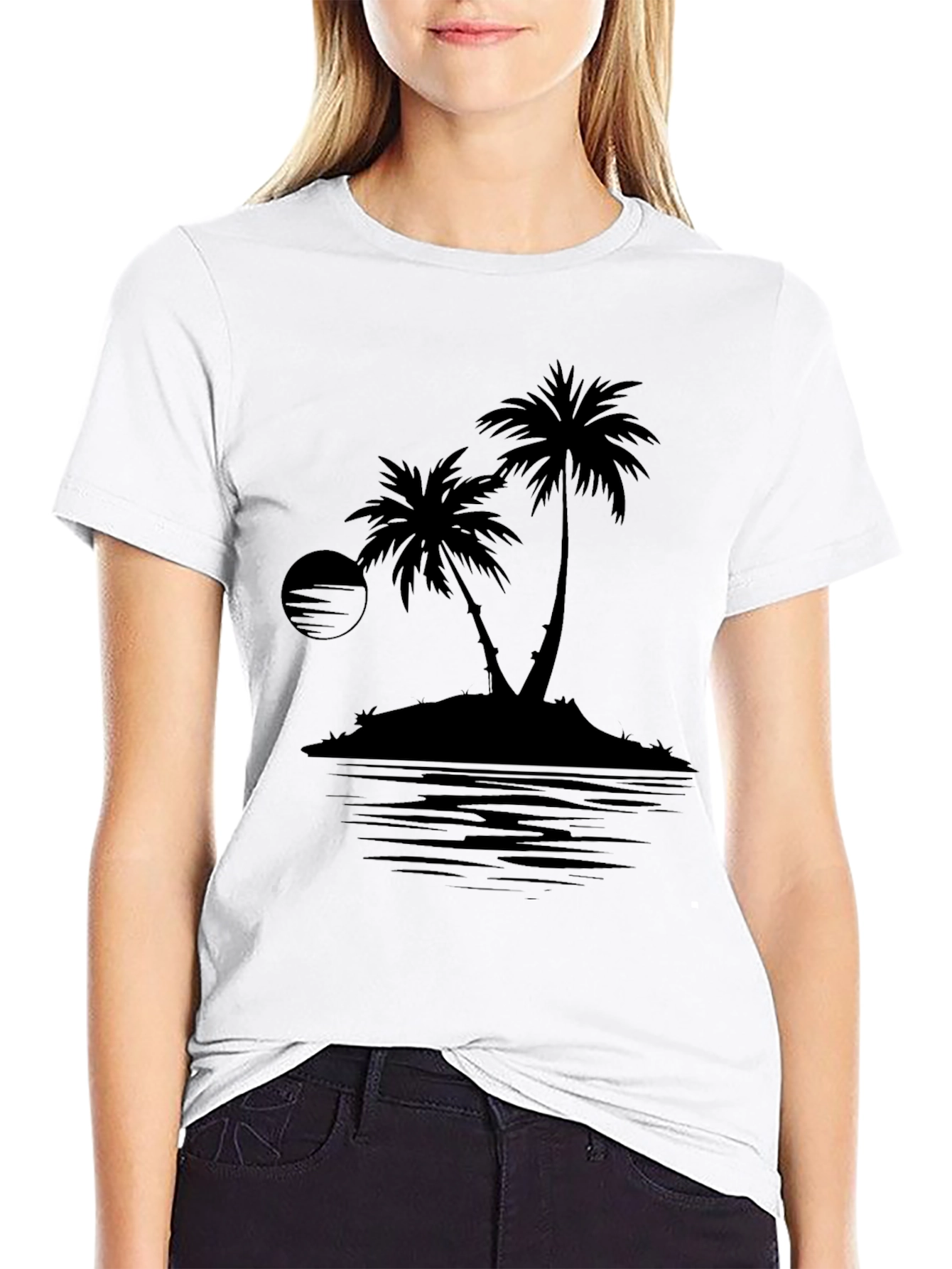 Black Men's Black Palm Tree Island Graphic T-Shirt view 9