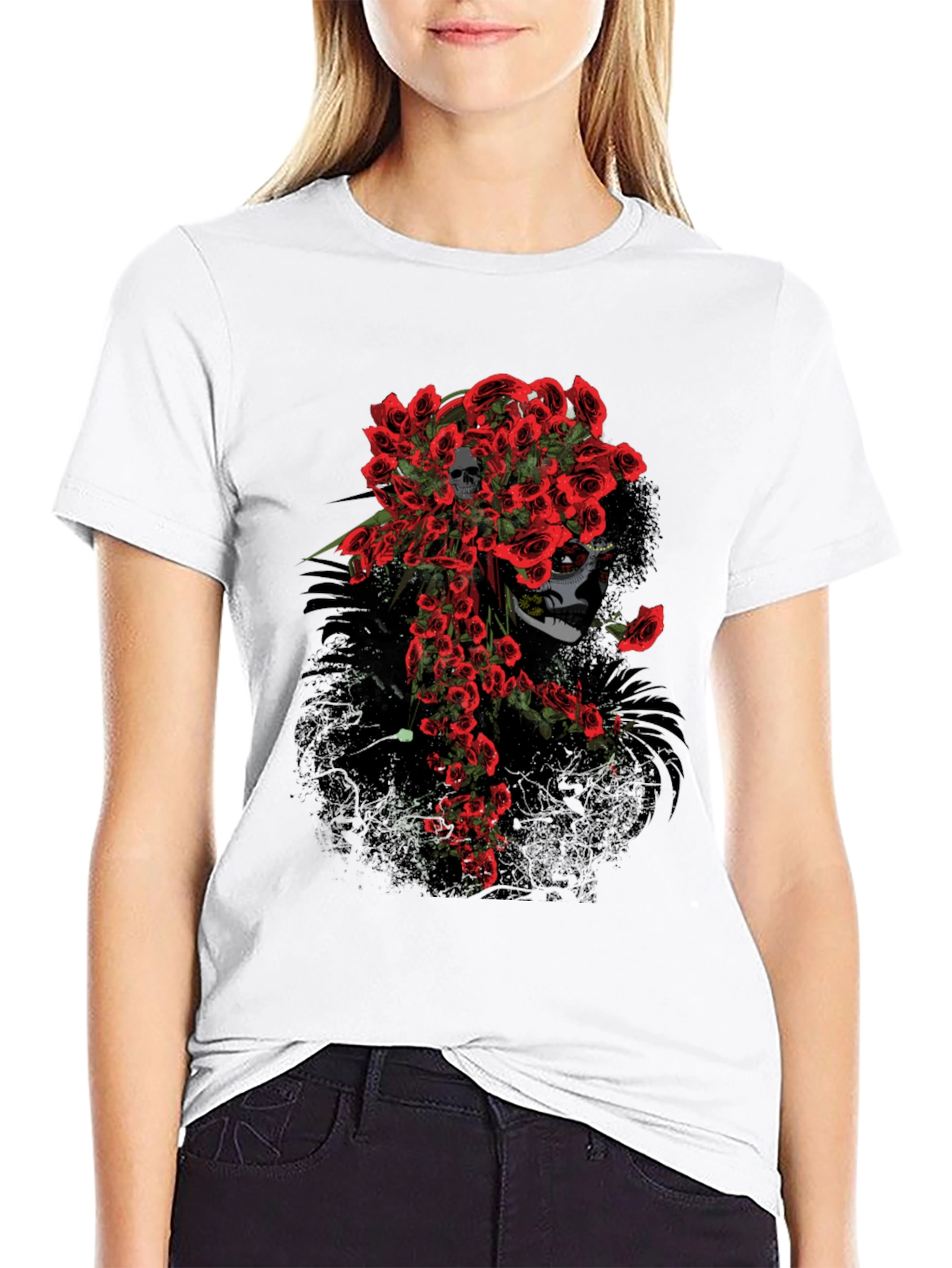 Black Skull and Roses Graphic Tee - Black Cotton T-Shirt view 9