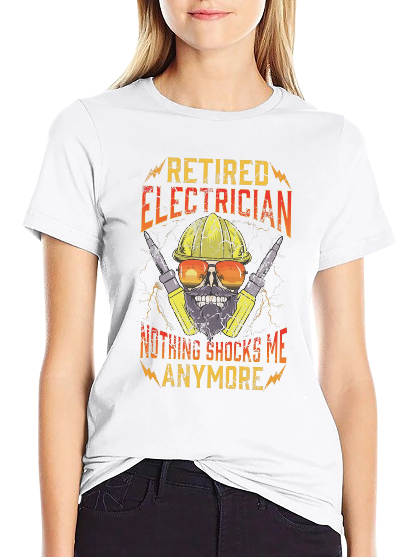 Black Retired Electrician T-Shirt Funny Skull Tee view 9