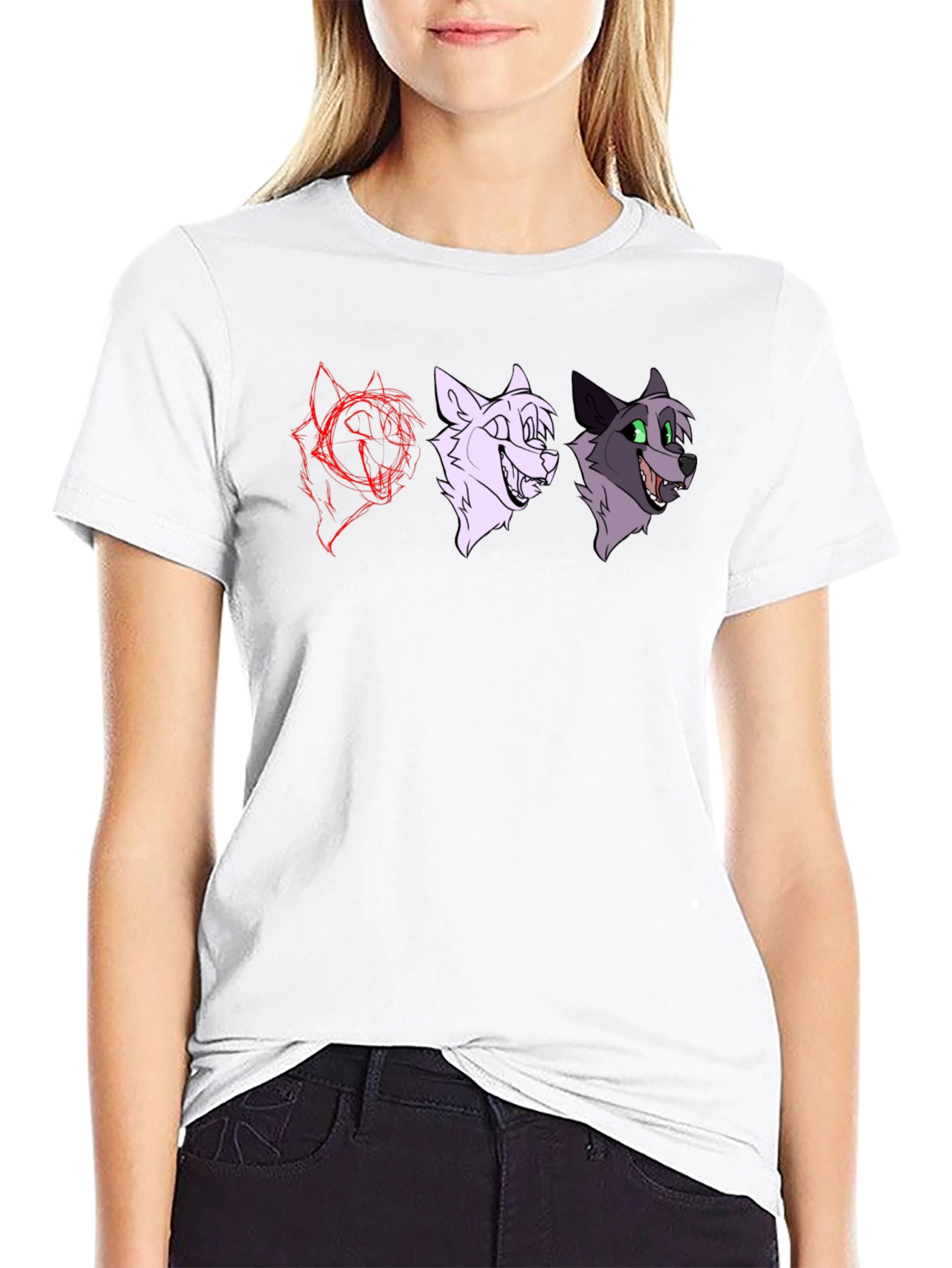 Black Cartoon Wolf Faces Black T-Shirt view 9