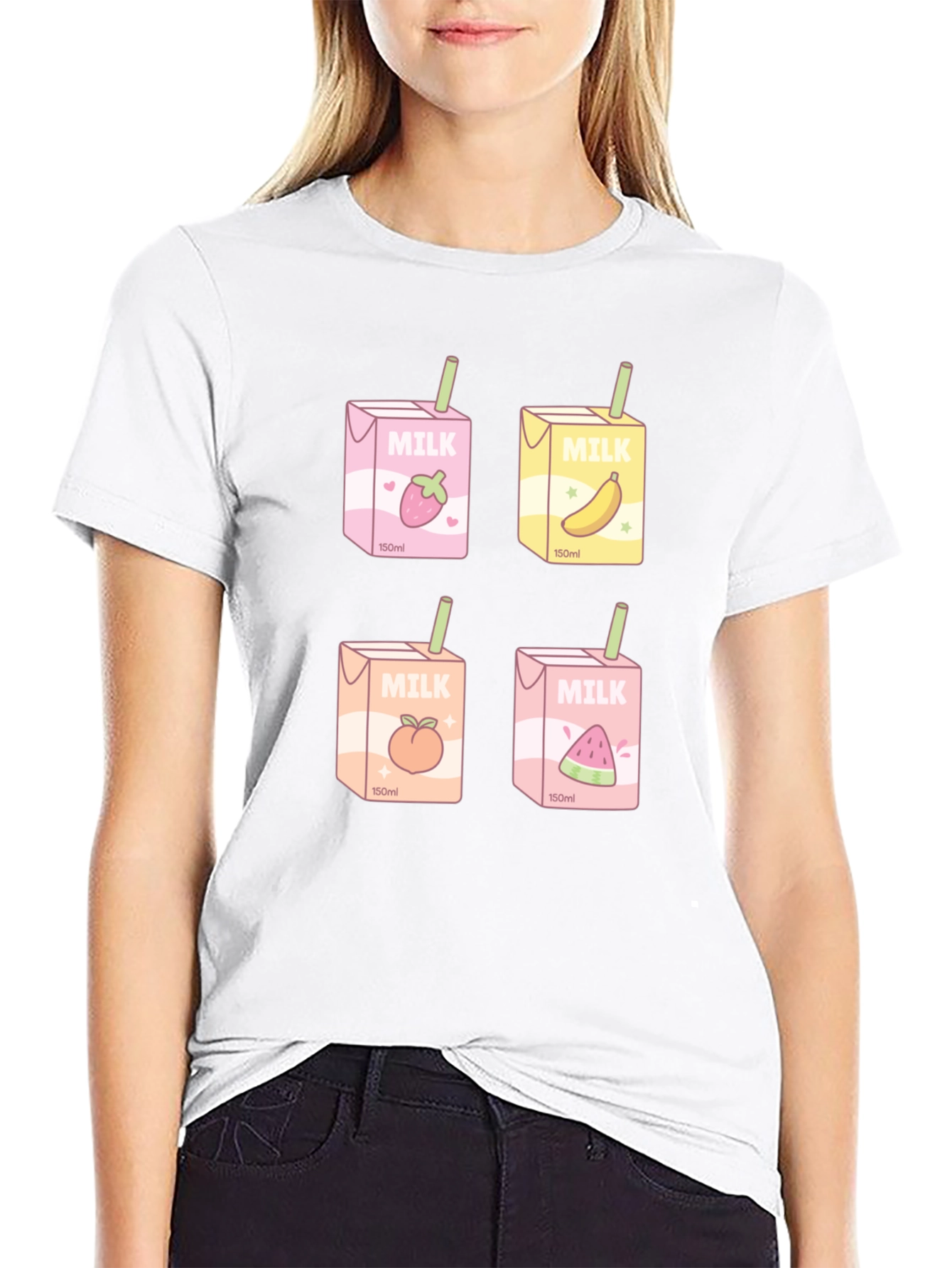 Black Kawaii Milk Boxes T-Shirt - Fruit Milk Design view 9