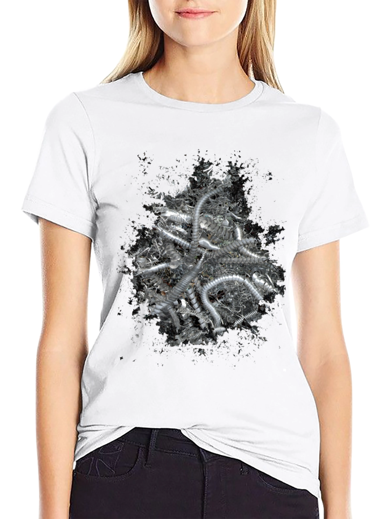 Black Abstract Silver Tube Design Black T-Shirt view 9