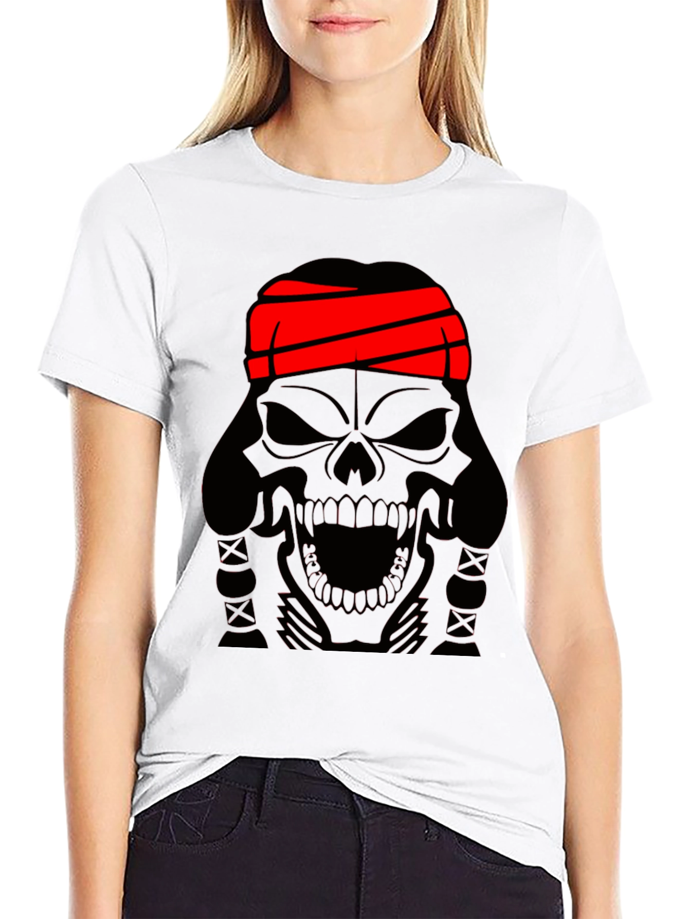 Black Skull T-Shirt - Black Graphic Tee with Red Headband view 9