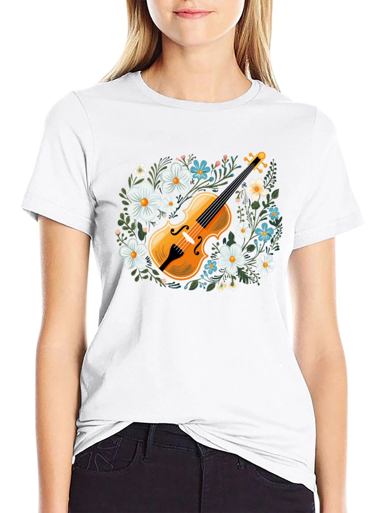 Black Floral Violin Graphic T-Shirt - Musical Style view 9