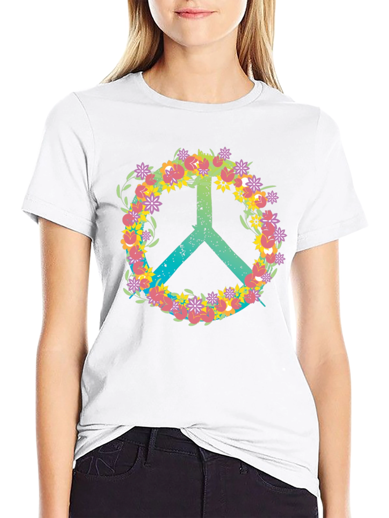Black Floral Peace Sign T-Shirt - Black Casual Tee view 9