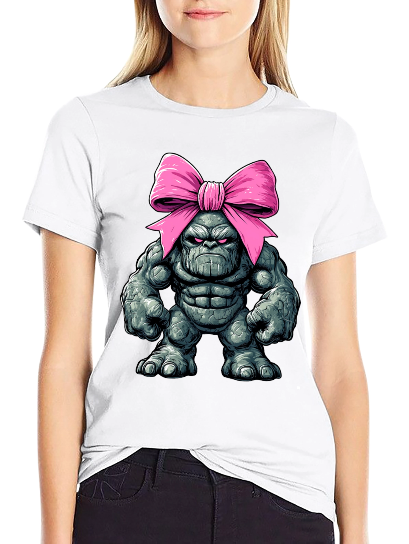 Black Funny Thanos with Pink Bow T-Shirt view 9
