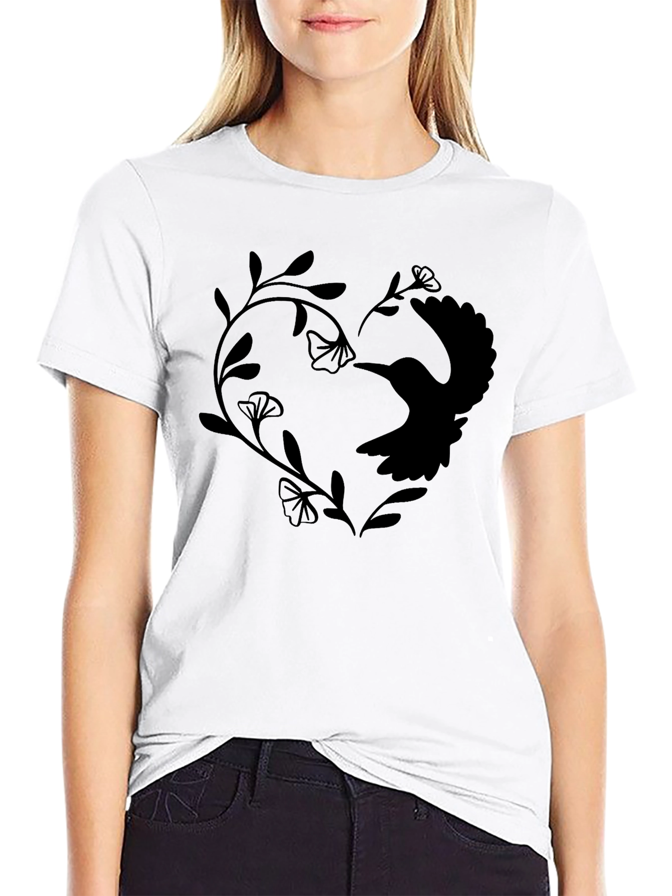 Black Hummingbird Heart Graphic Tee - Black Casual Shirt view 9