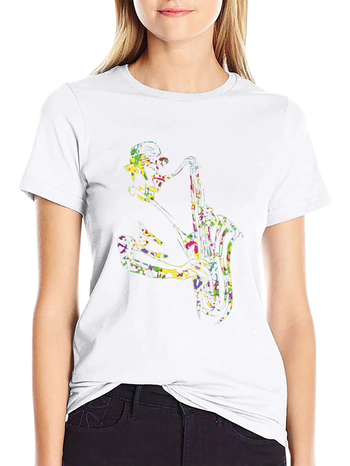 Black Colorful Saxophone Player Graphic Tee view 9