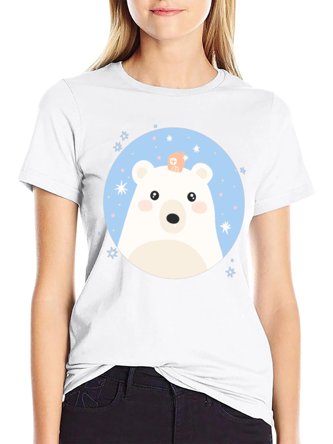 Black Cute Polar Bear Graphic Black T-Shirt view 9