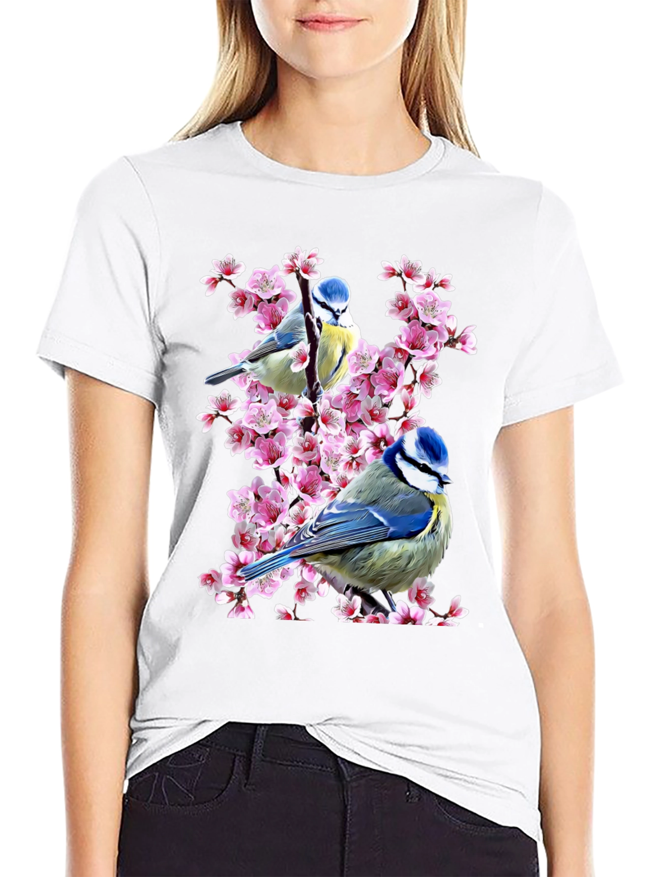 Black Blue Tit Bird & Cherry Blossom Graphic Tee view 9
