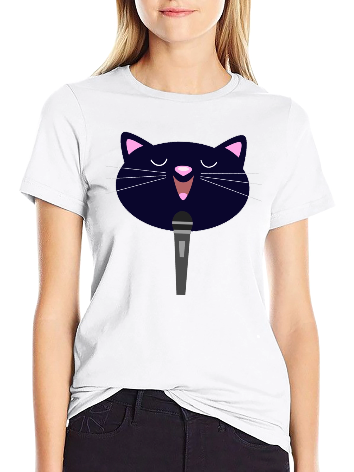 Black Karaoke Cat Graphic Tee - Black Cotton T-Shirt view 9