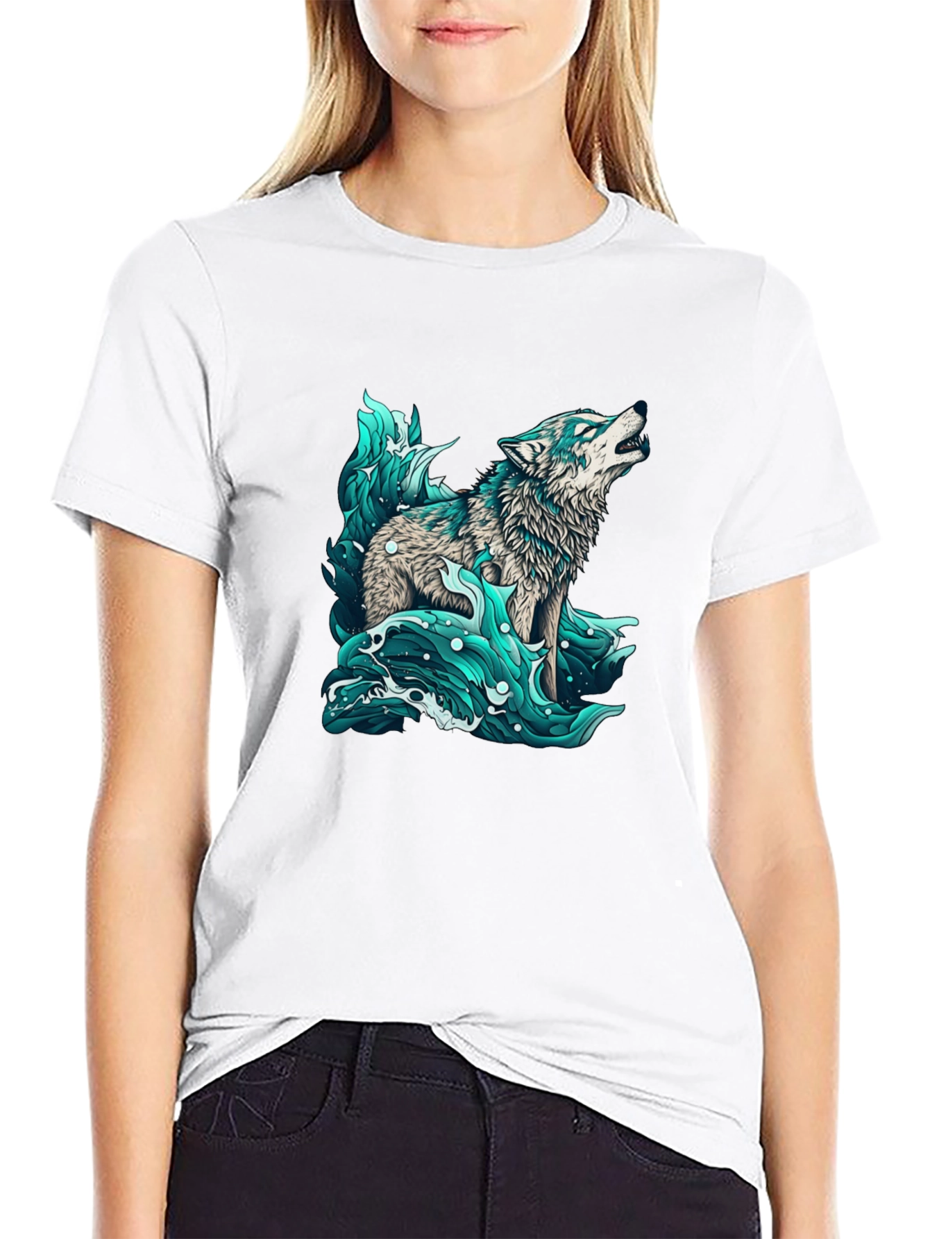Black Wolf in Water Graphic Black T-Shirt view 9