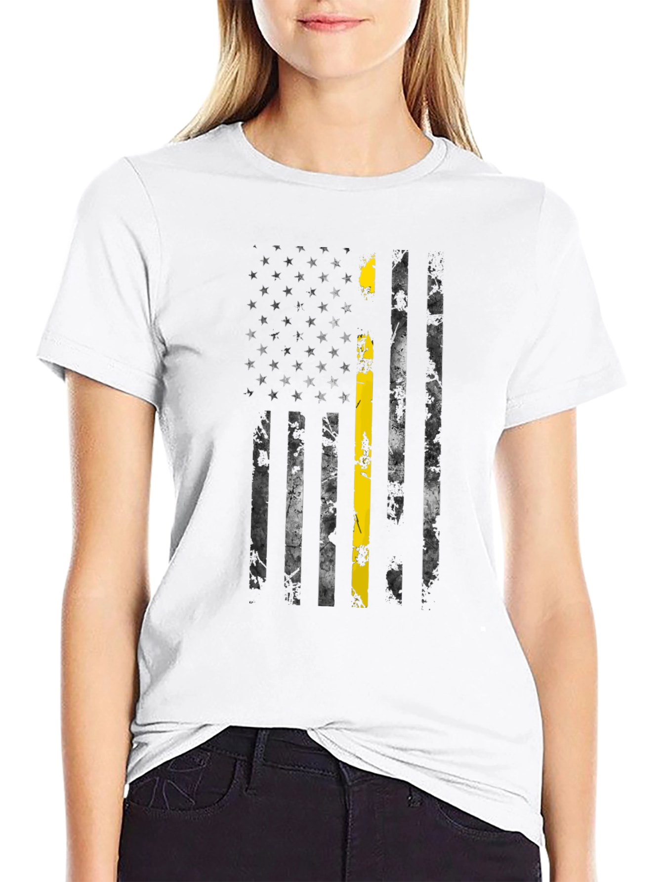 Black Distressed American Flag Thin Yellow Line T-Shirt view 9