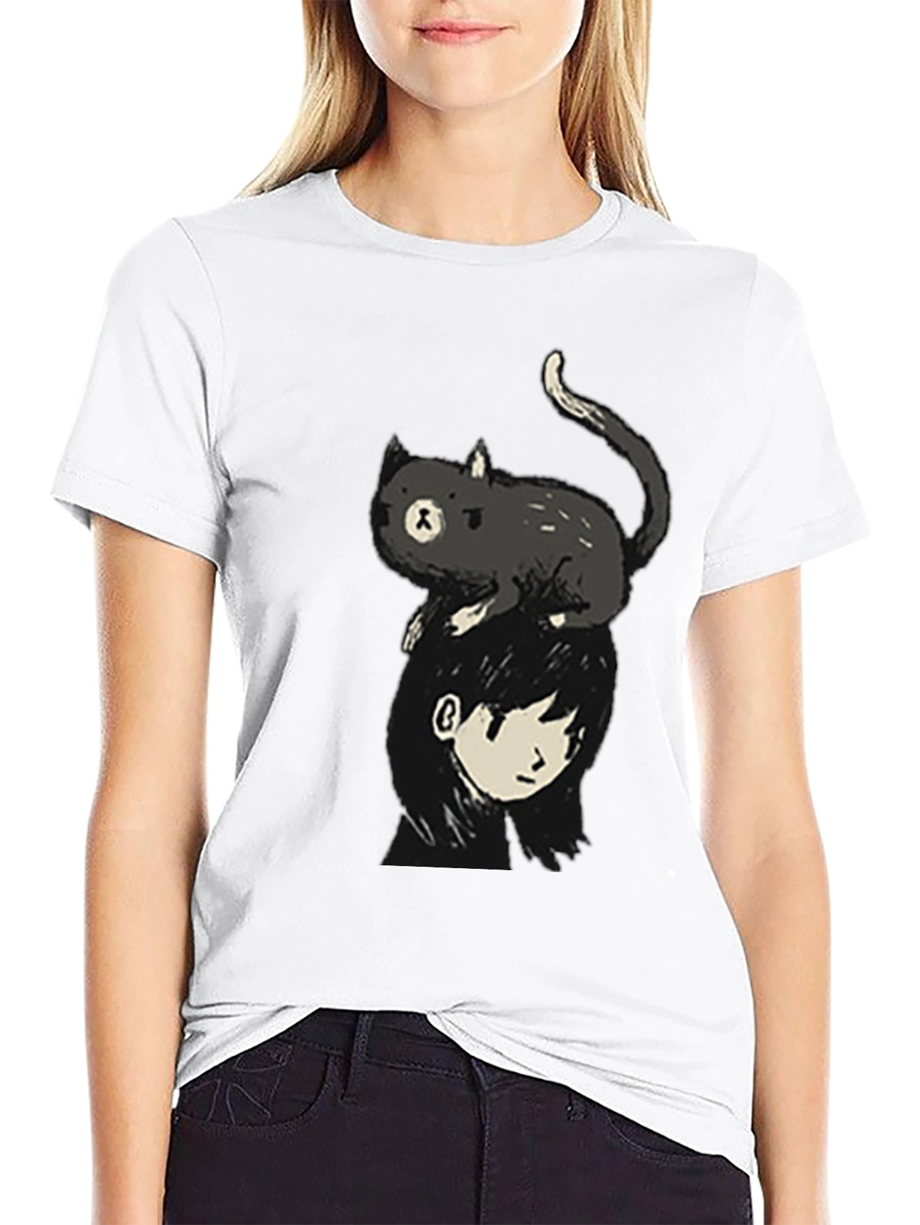 Black Cat on Head Graphic Tee - Black Crew Neck view 9