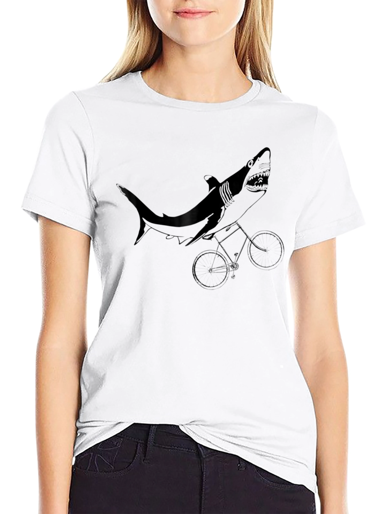 Black Shark on Bike Graphic Tee - Black Cotton T-Shirt view 9