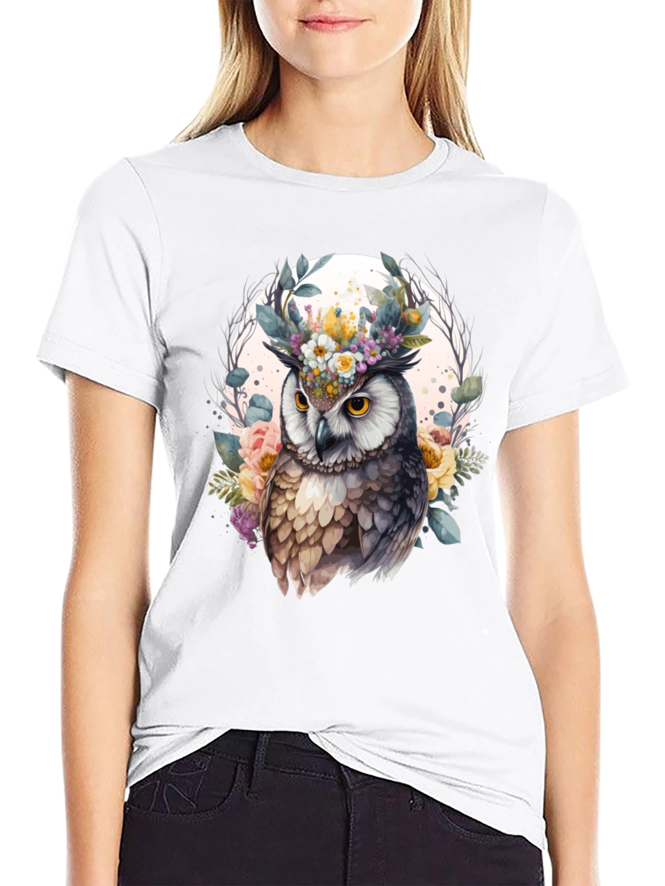 Black Floral Owl Graphic Tee - Unique Design view 9