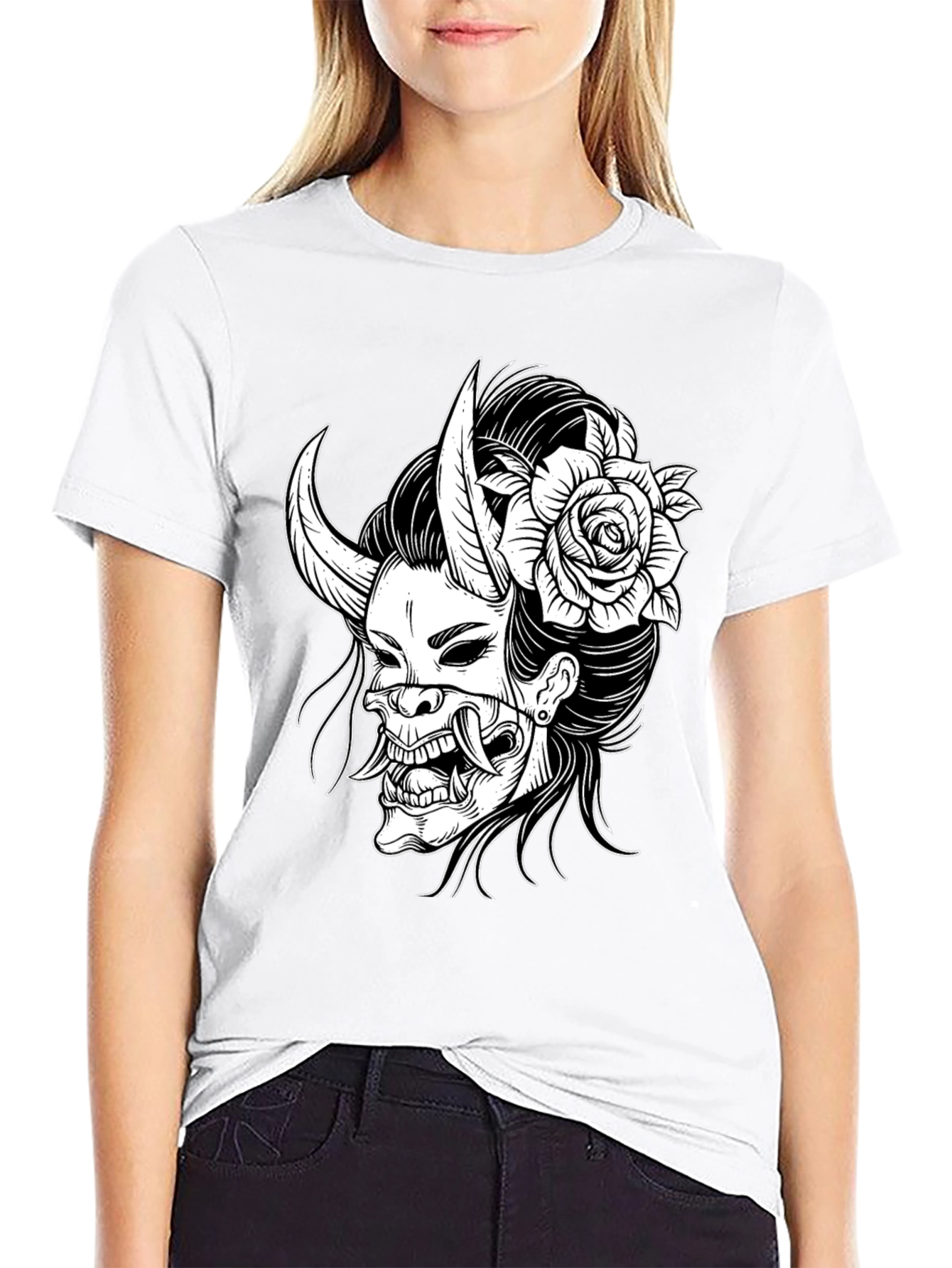 Black Black T-Shirt with Oni Mask & Rose Graphic view 9