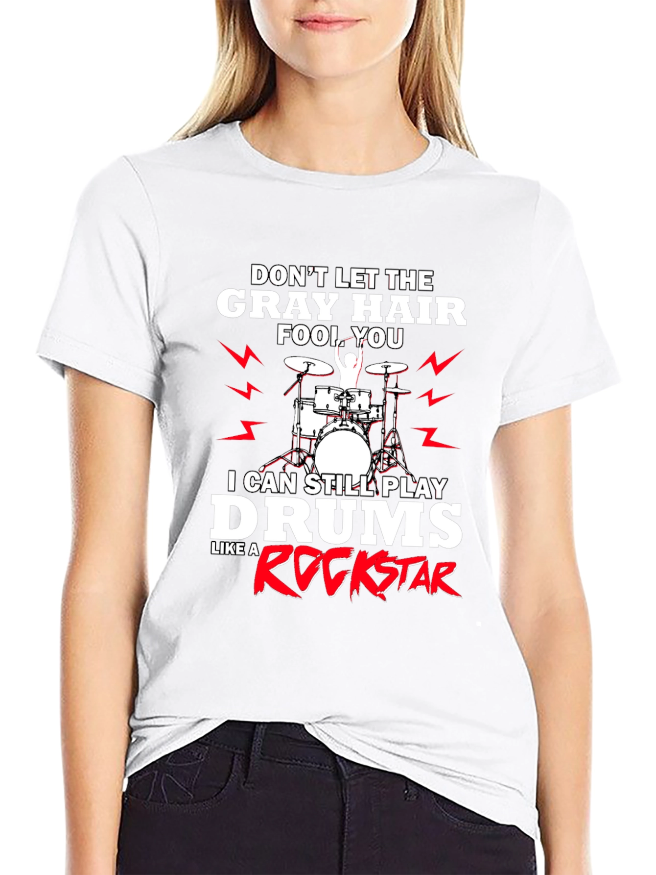 Black Gray Hair Rockstar Drummer T-Shirt view 9
