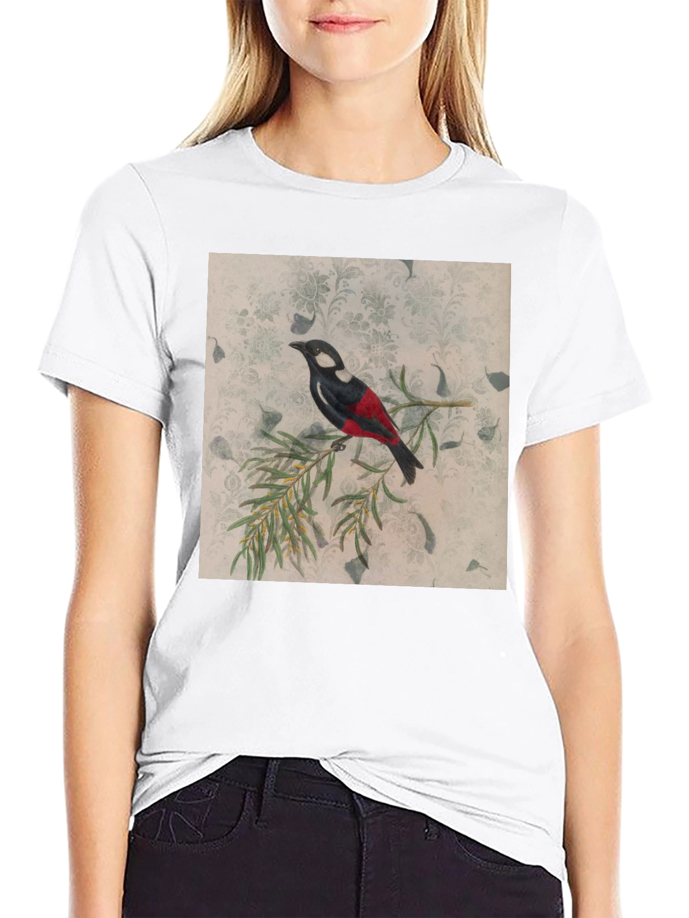 Black Vintage Bird Print Black T-Shirt view 9