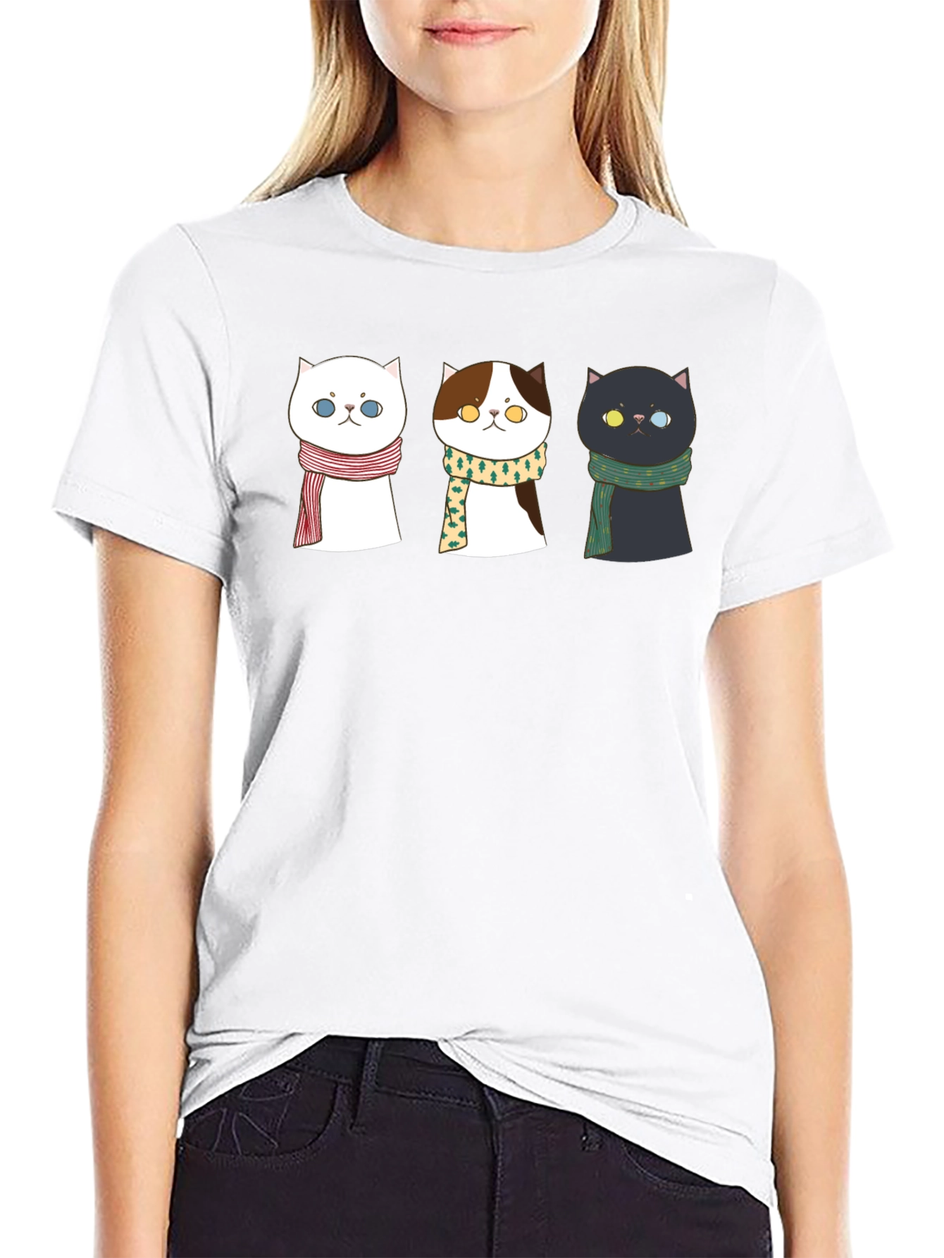 Black Cute Cat T-Shirt with Scarves view 9