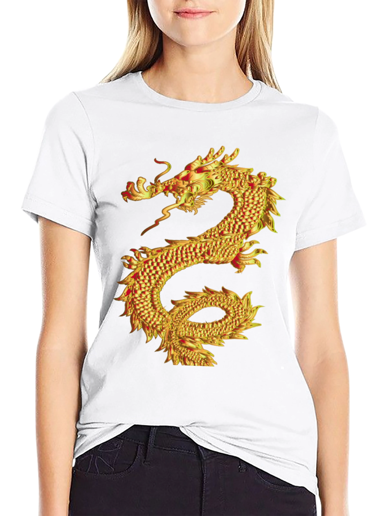 Black Golden Dragon Graphic Print Black T-Shirt view 9