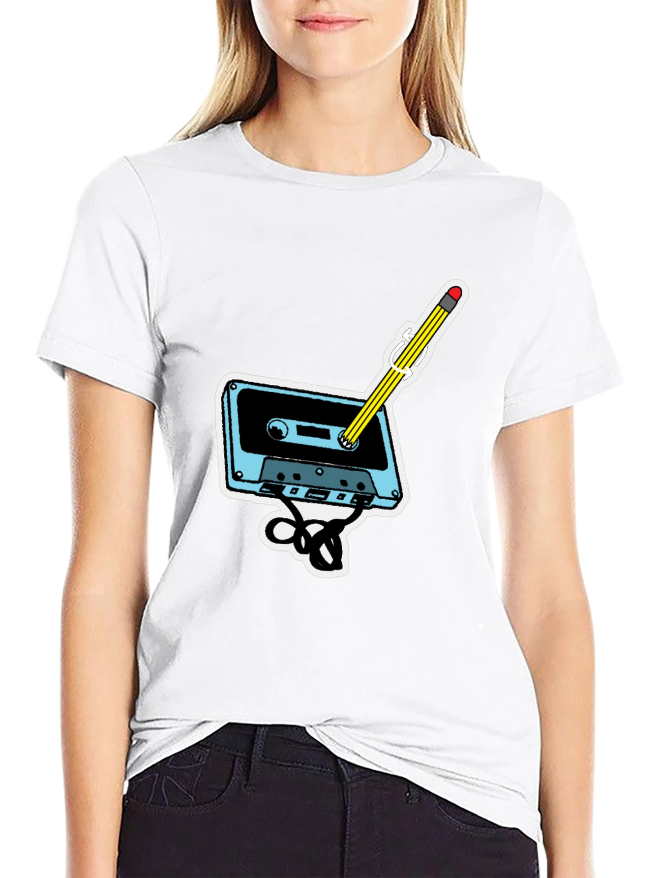 Black Retro Cassette & Pencil Graphic T-Shirt view 9