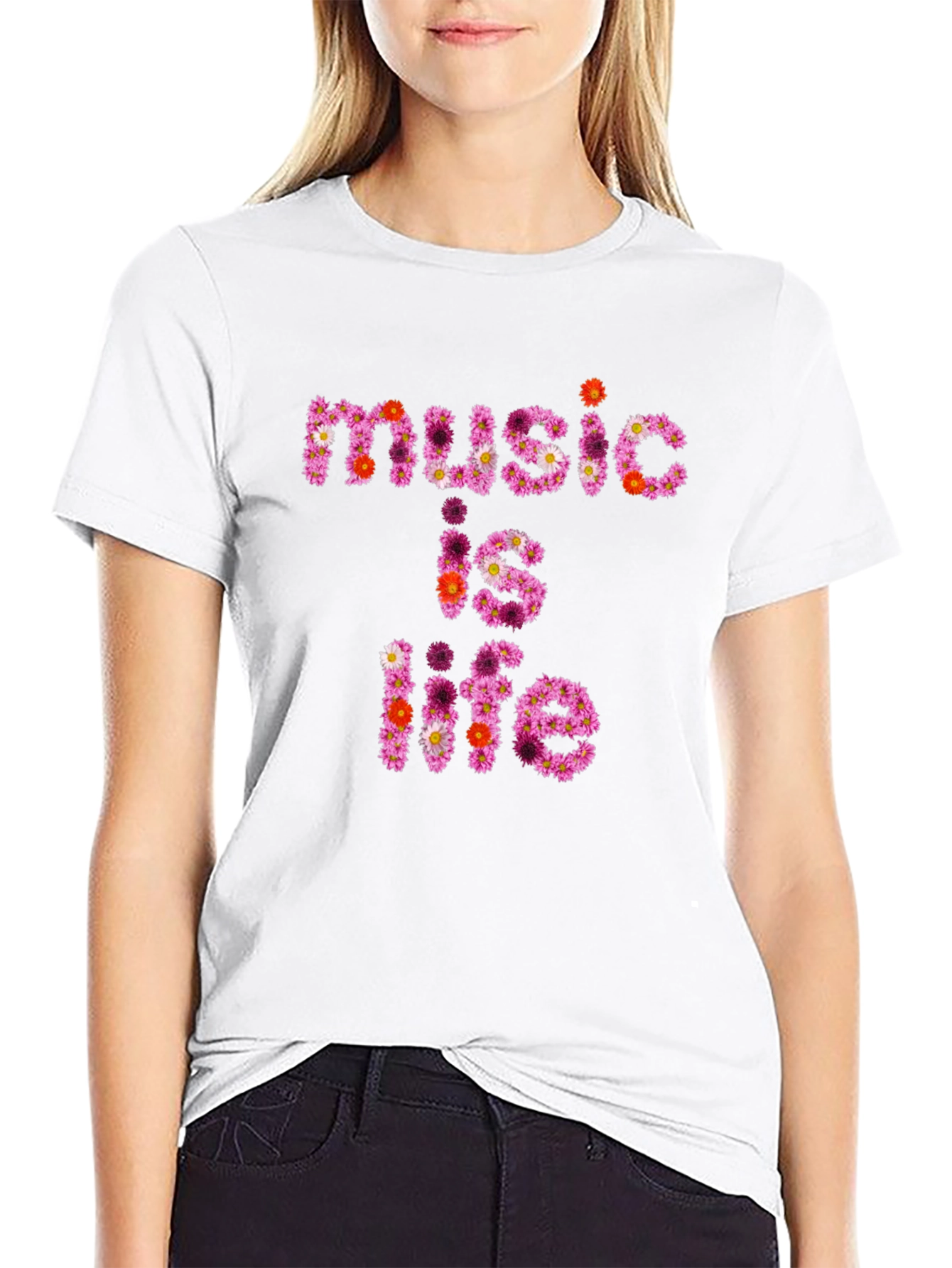 Black Floral 'Music is Life' Graphic Black T-Shirt view 9