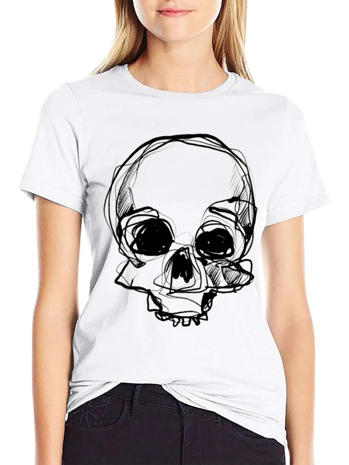 Black Skull Sketch Graphic Black T-Shirt view 9