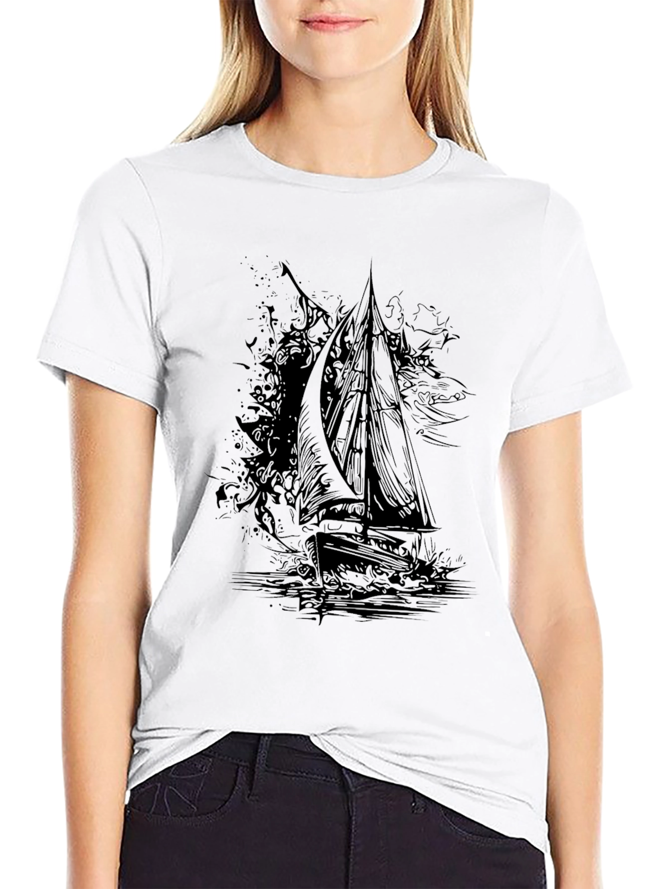 Black Black Graphic Tee: Sailing Ship Design view 9