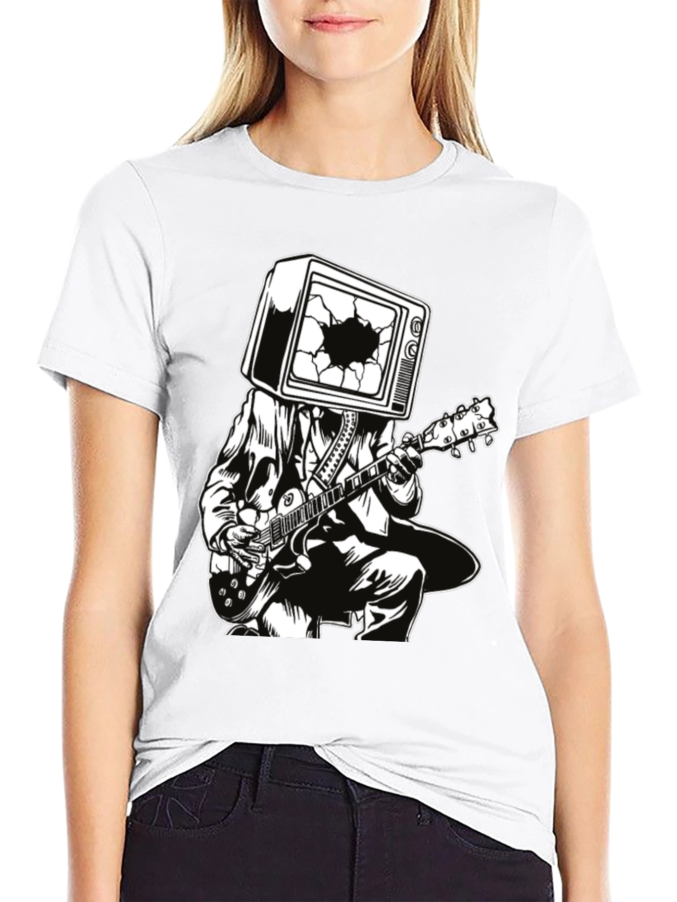 Black Guitar Man with TV Head Graphic T-Shirt view 9