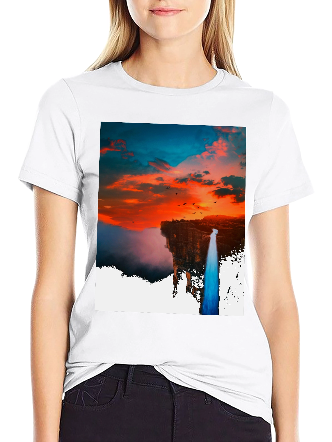 Black Sunset Waterfall Graphic Tee - Unique Design view 9