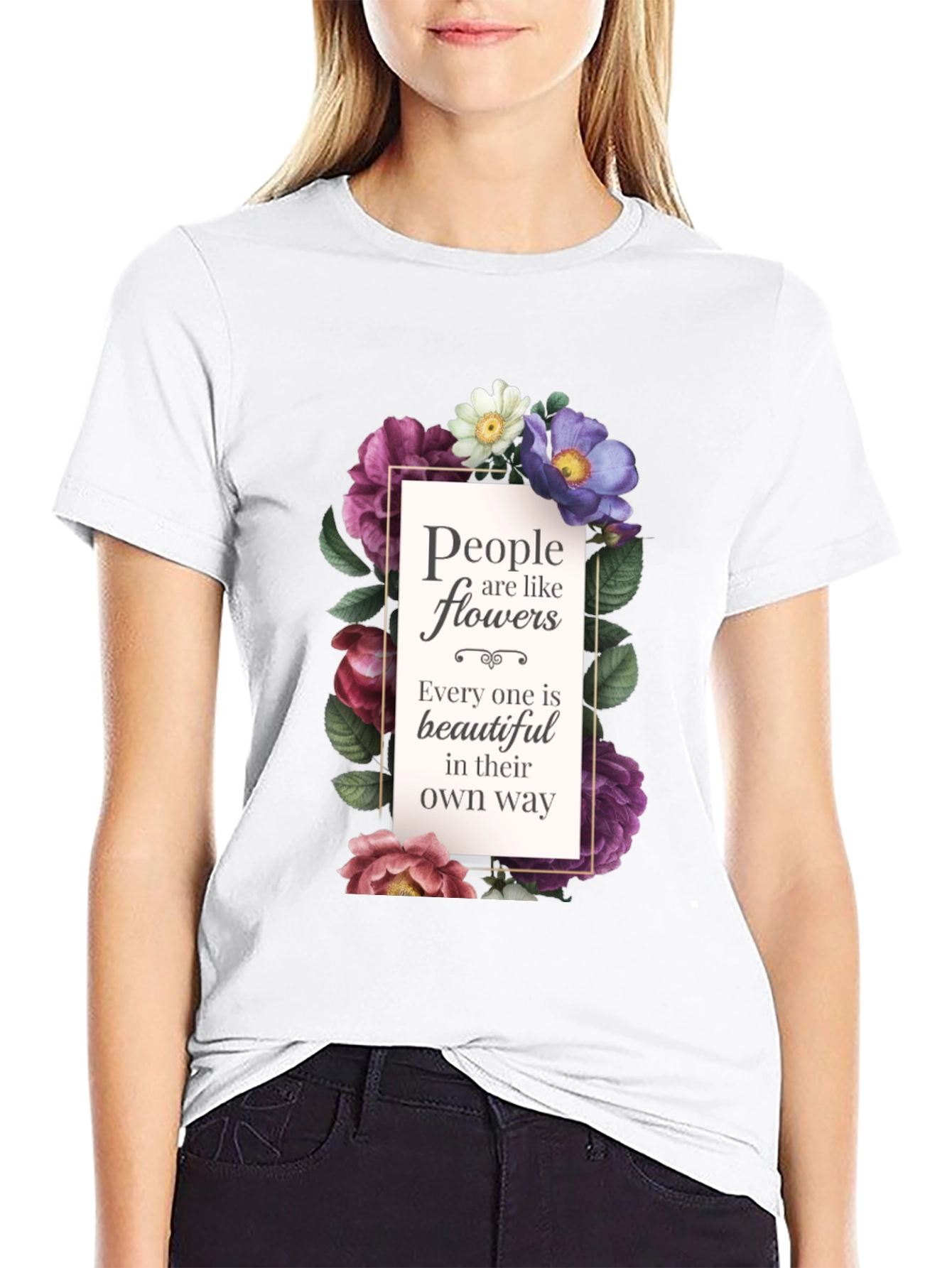 Black Floral Inspirational T-Shirt: People are like Flowers view 9