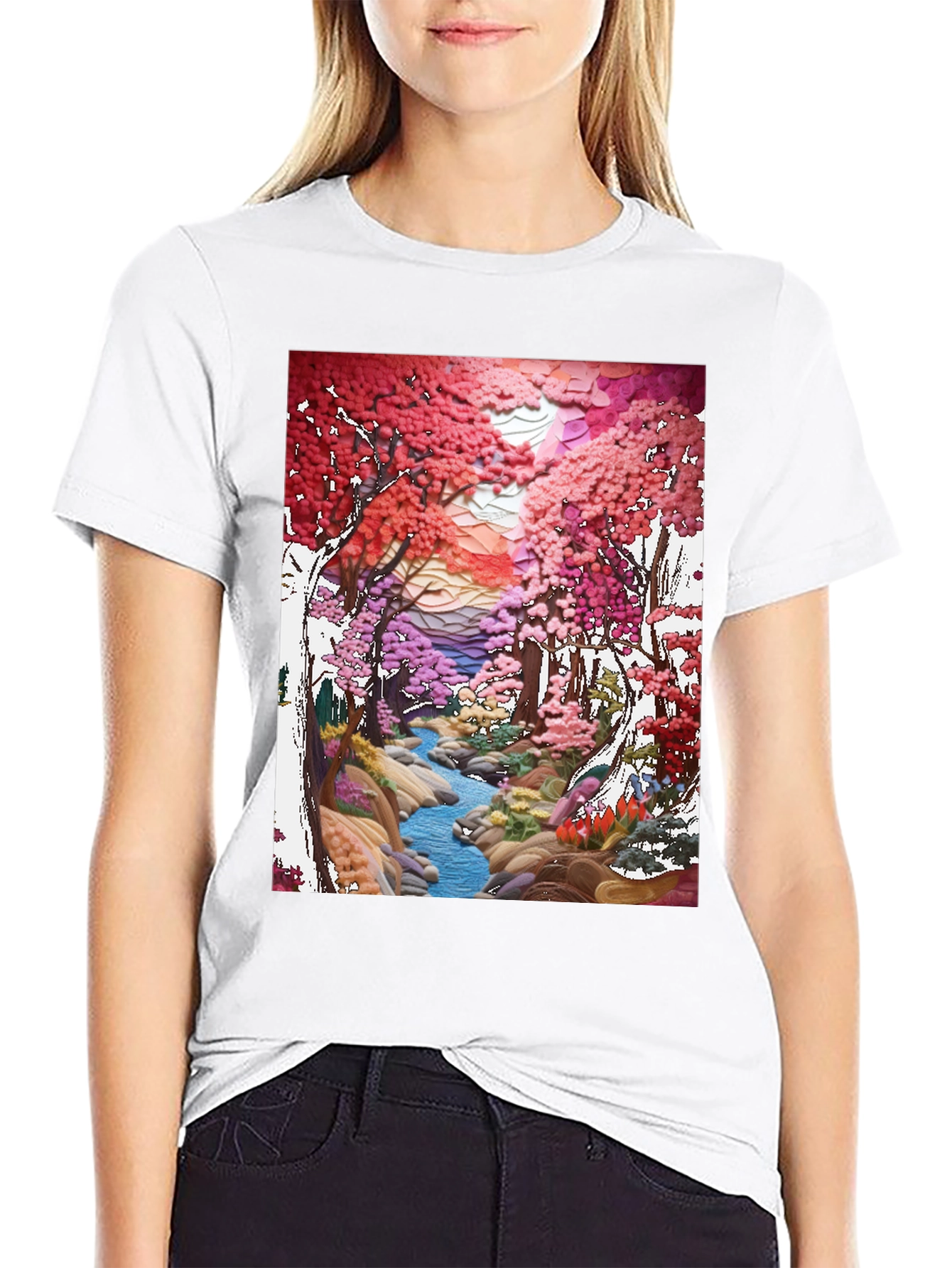 Black Cherry Blossom Stream Art T-Shirt view 9