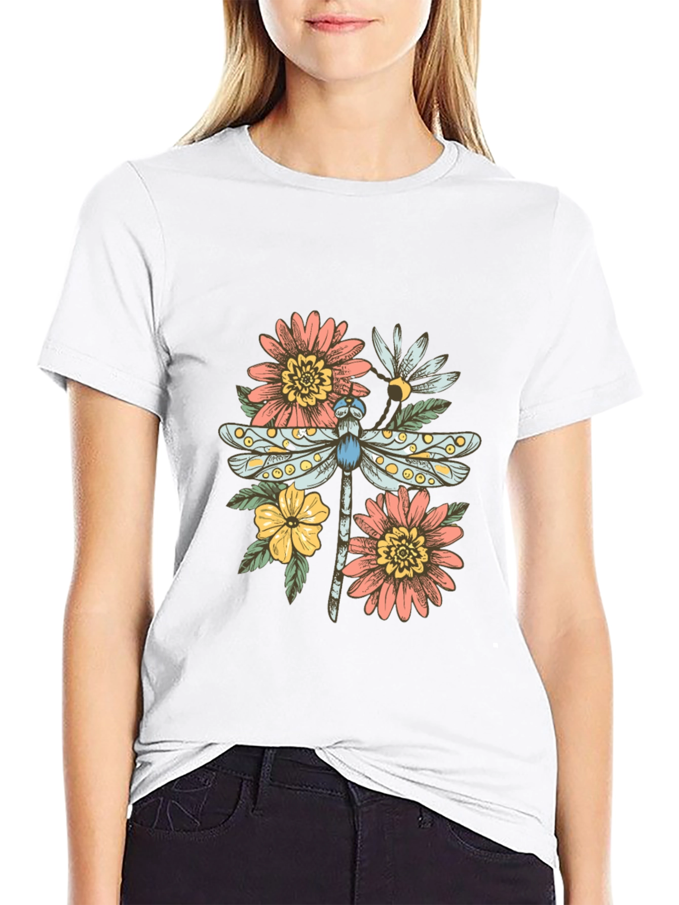 Black Dragonfly Floral Graphic Tee - Trendy Casual Top view 9