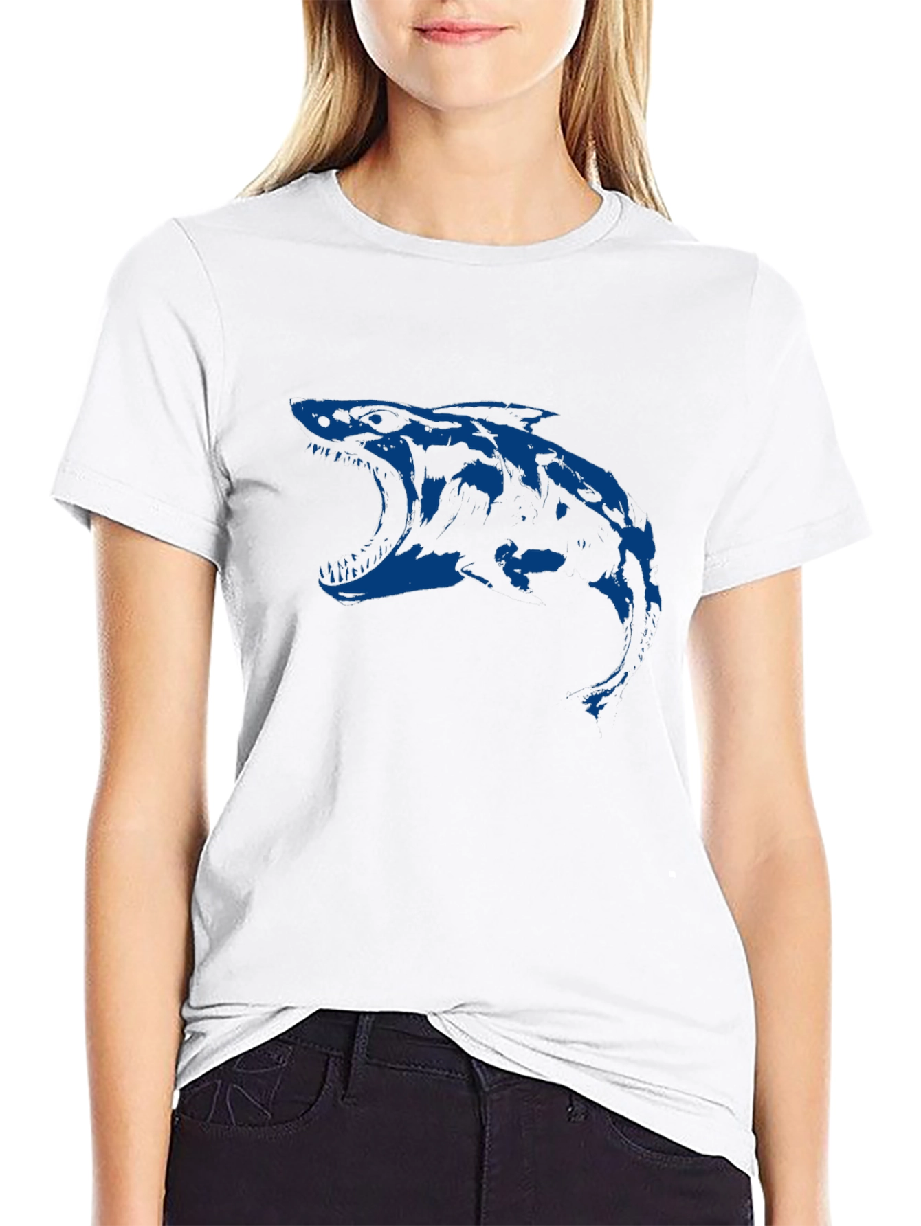 Black Men's Black T-Shirt with Blue Shark Graphic view 9