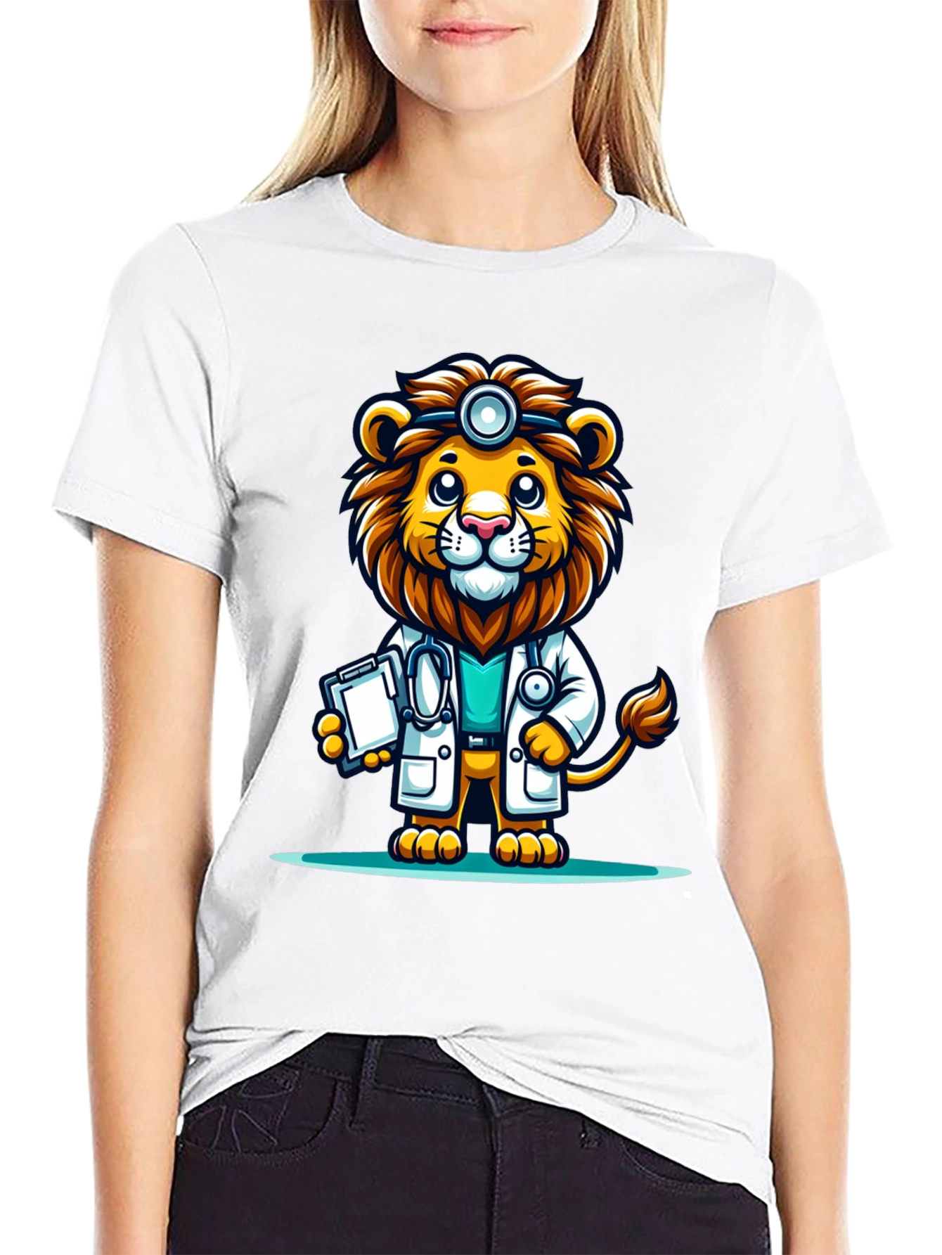 Black Lion Doctor Graphic Tee - Cute Cartoon Animal T-Shirt view 9