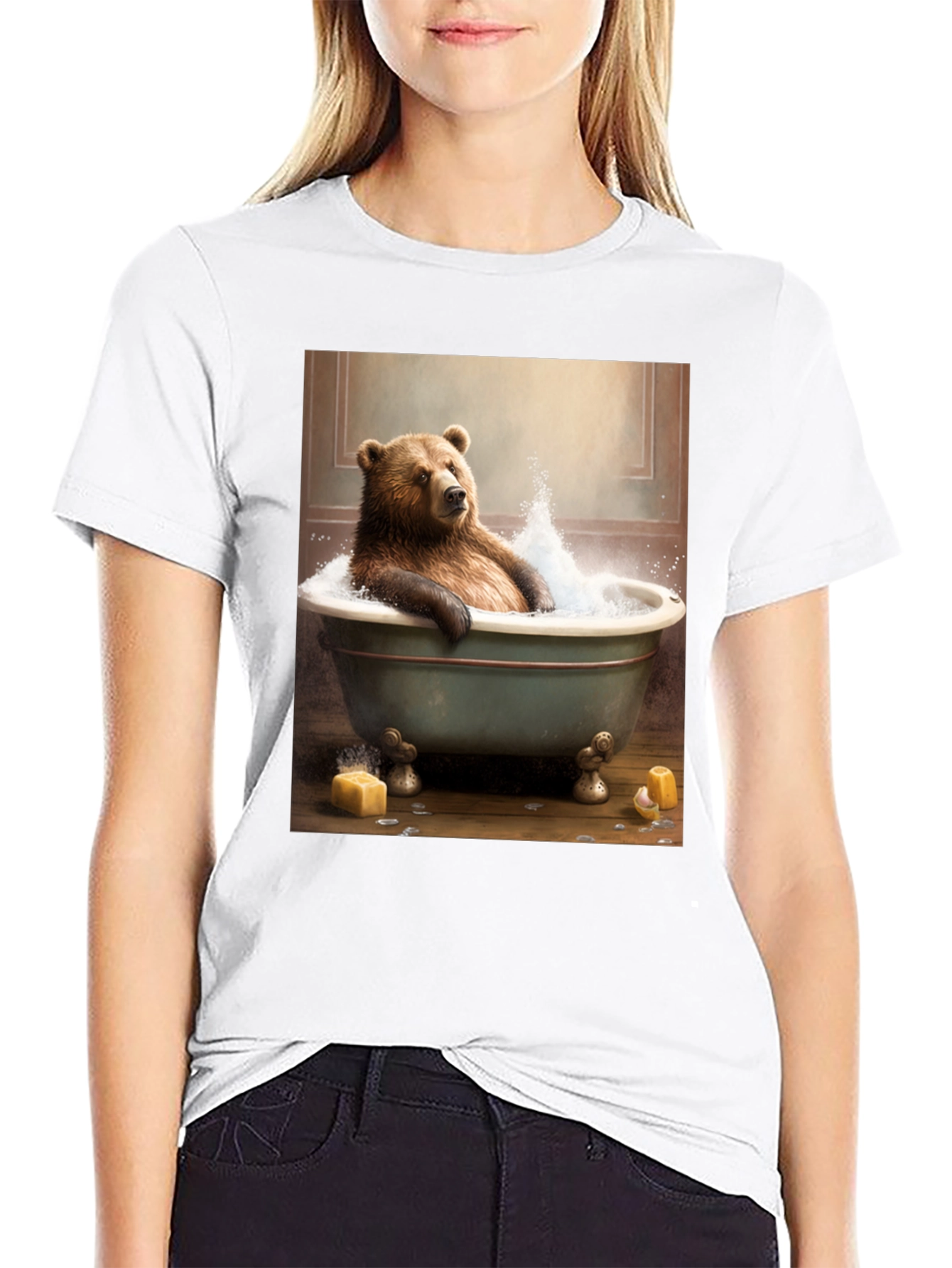 Black Bear in Tub T-Shirt - Humorous Animal Graphic Tee view 9