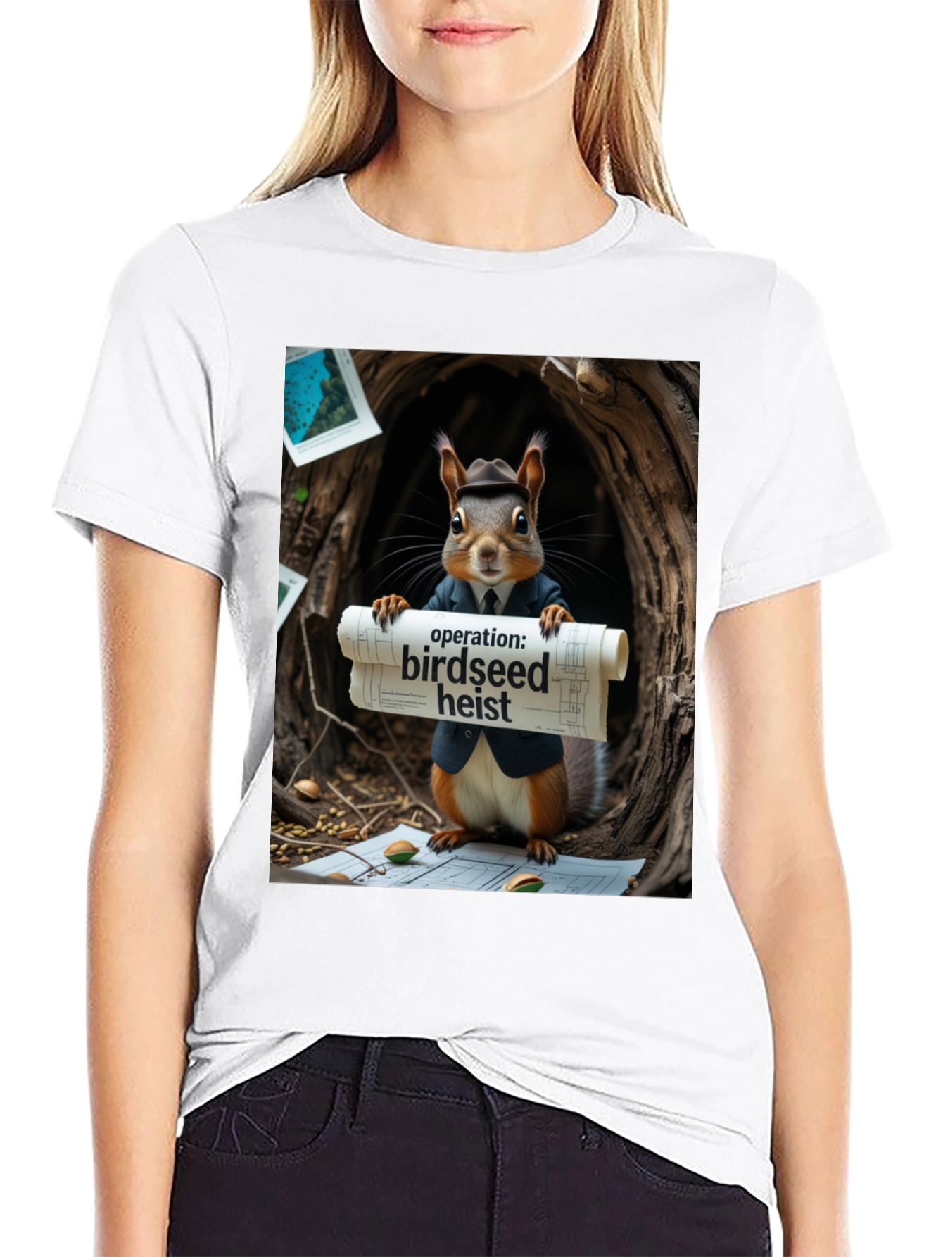 Black Birdseed Heist Squirrel T-Shirt view 9