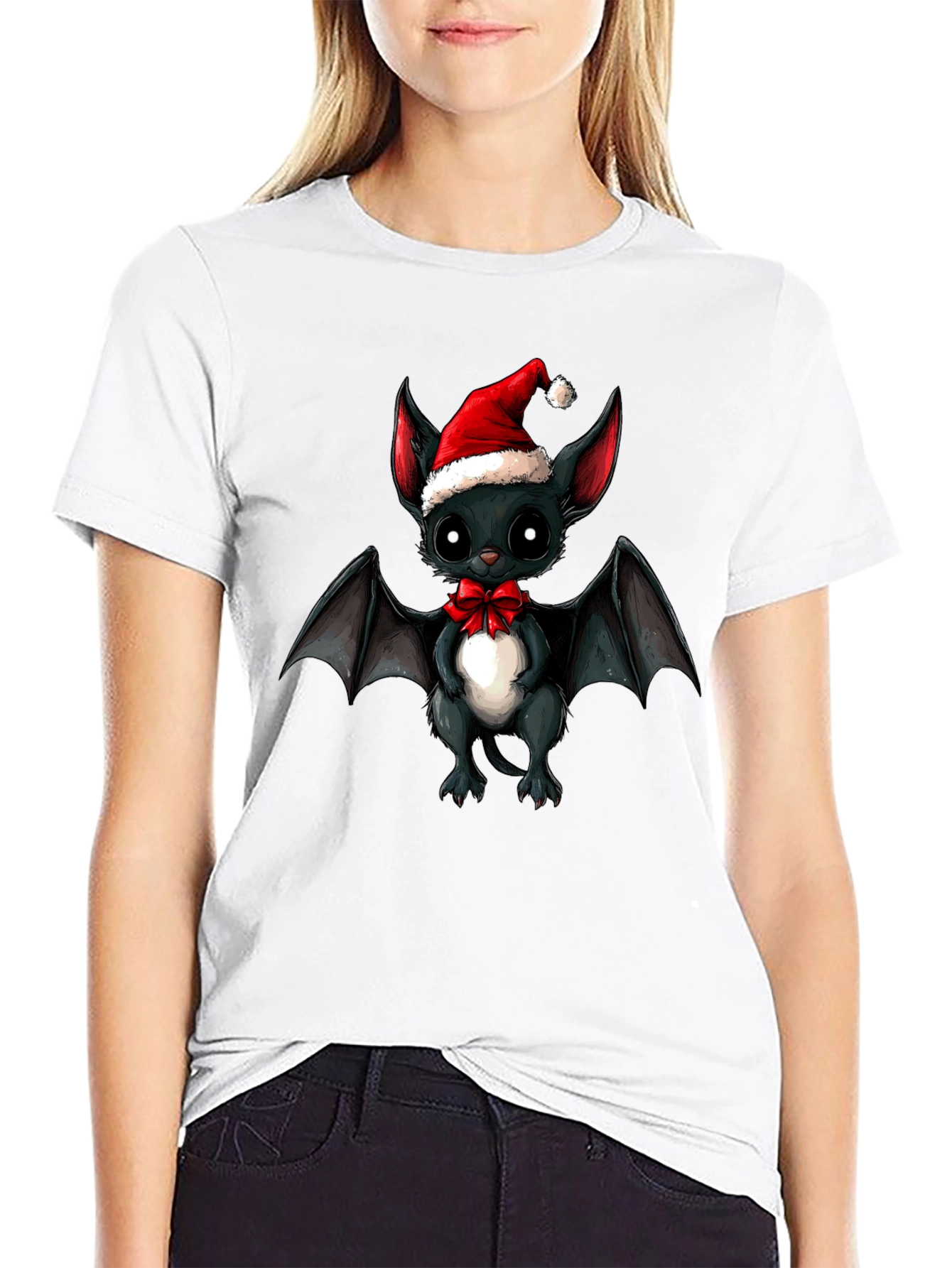 Black Cute Bat in Santa Hat Graphic Tee view 9