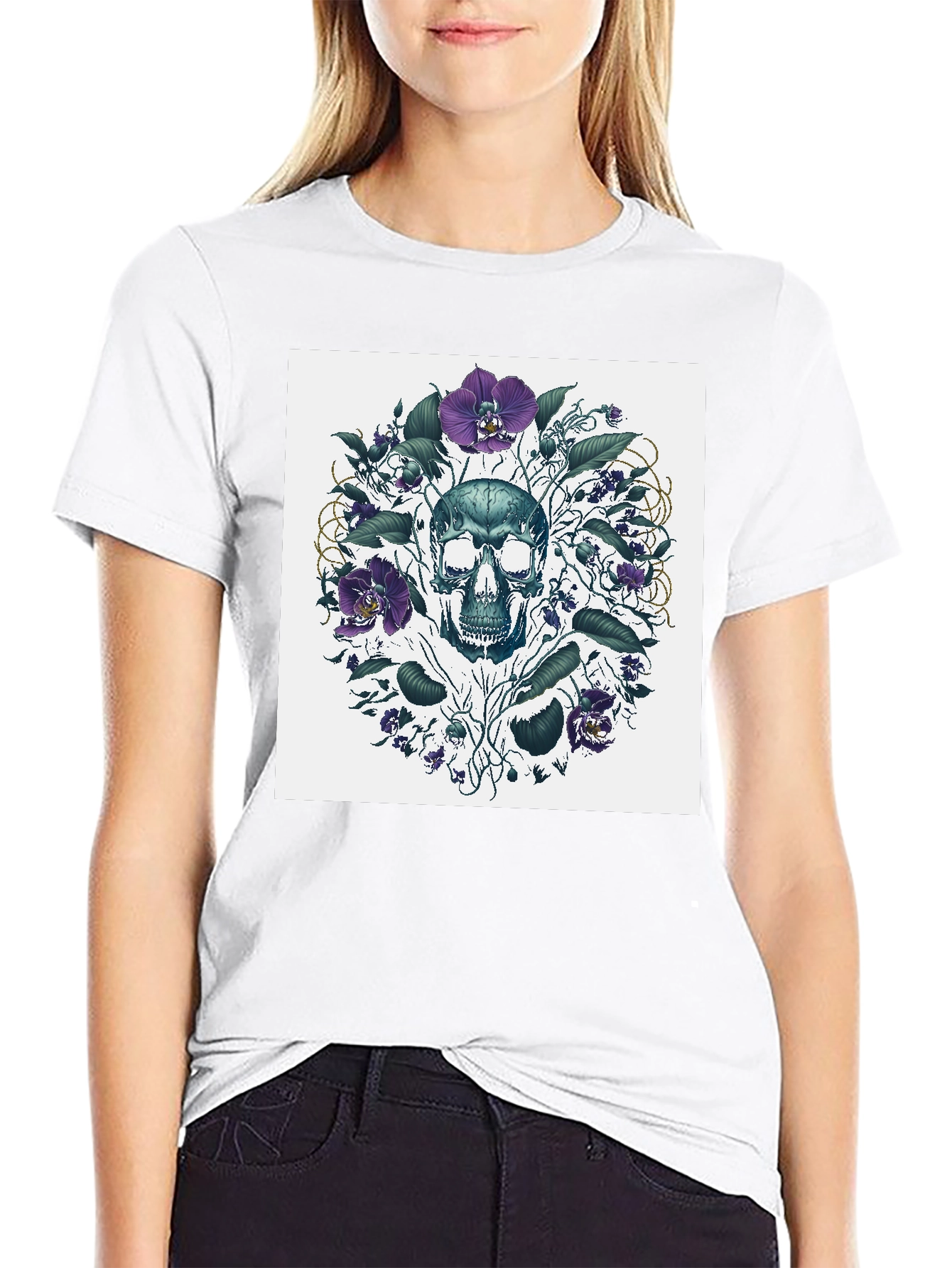 Black Skull Floral T-Shirt - Artistic Death Graphic Tee view 9