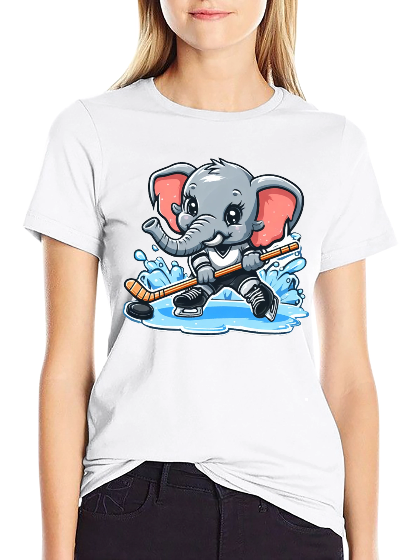 Black Cartoon Elephant Hockey Player Graphic Tee view 9