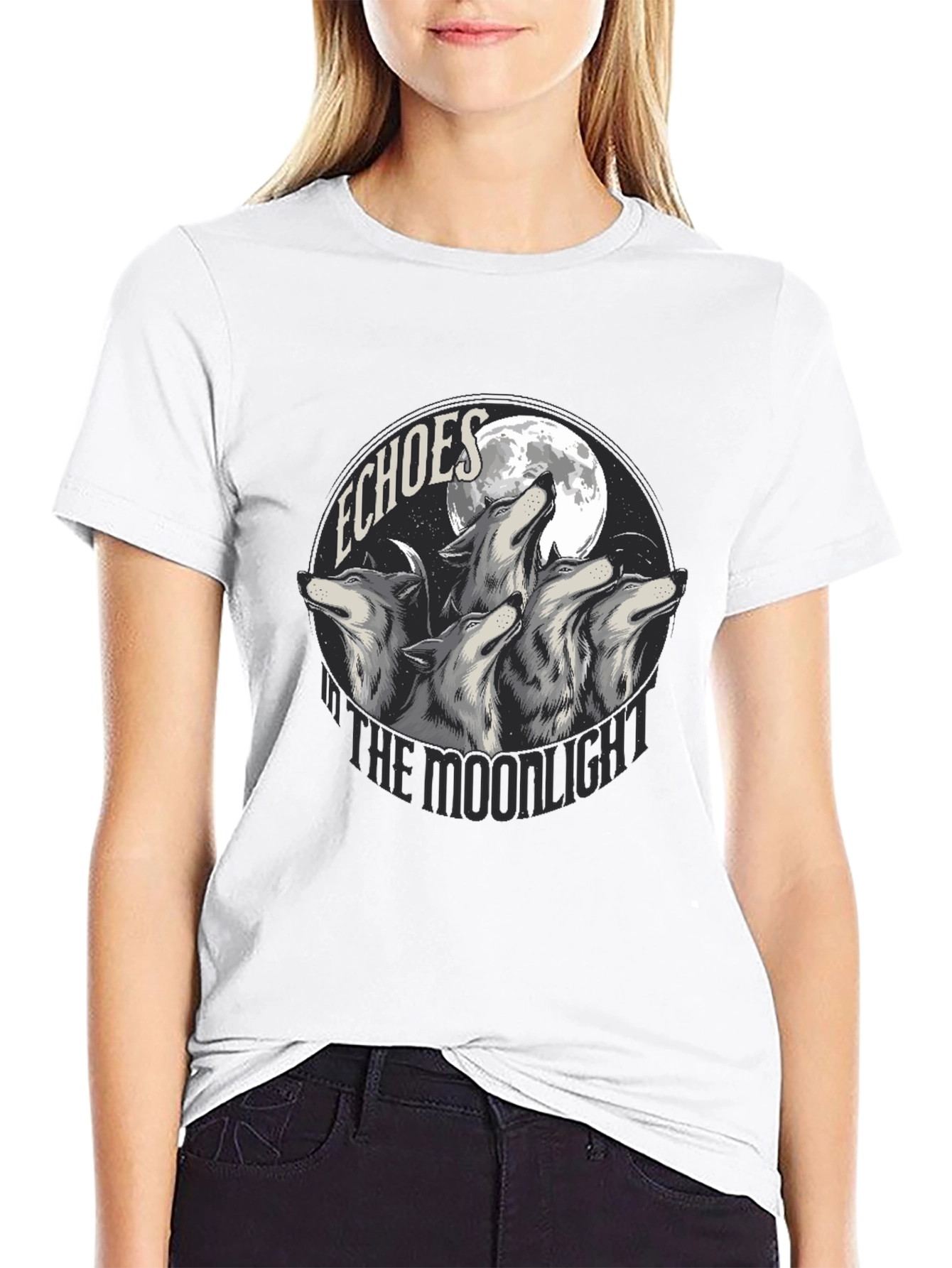 Black Echoes in the Moonlight Wolves Graphic T-Shirt view 9