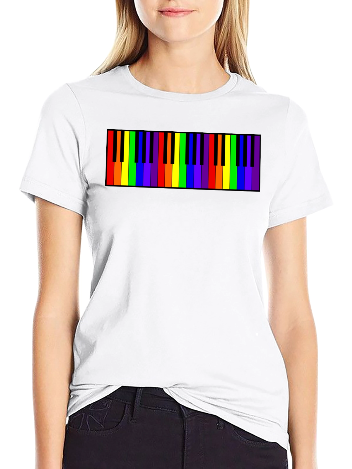 Black Rainbow Piano Keys Graphic Tee - Black Cotton T-Shirt view 9