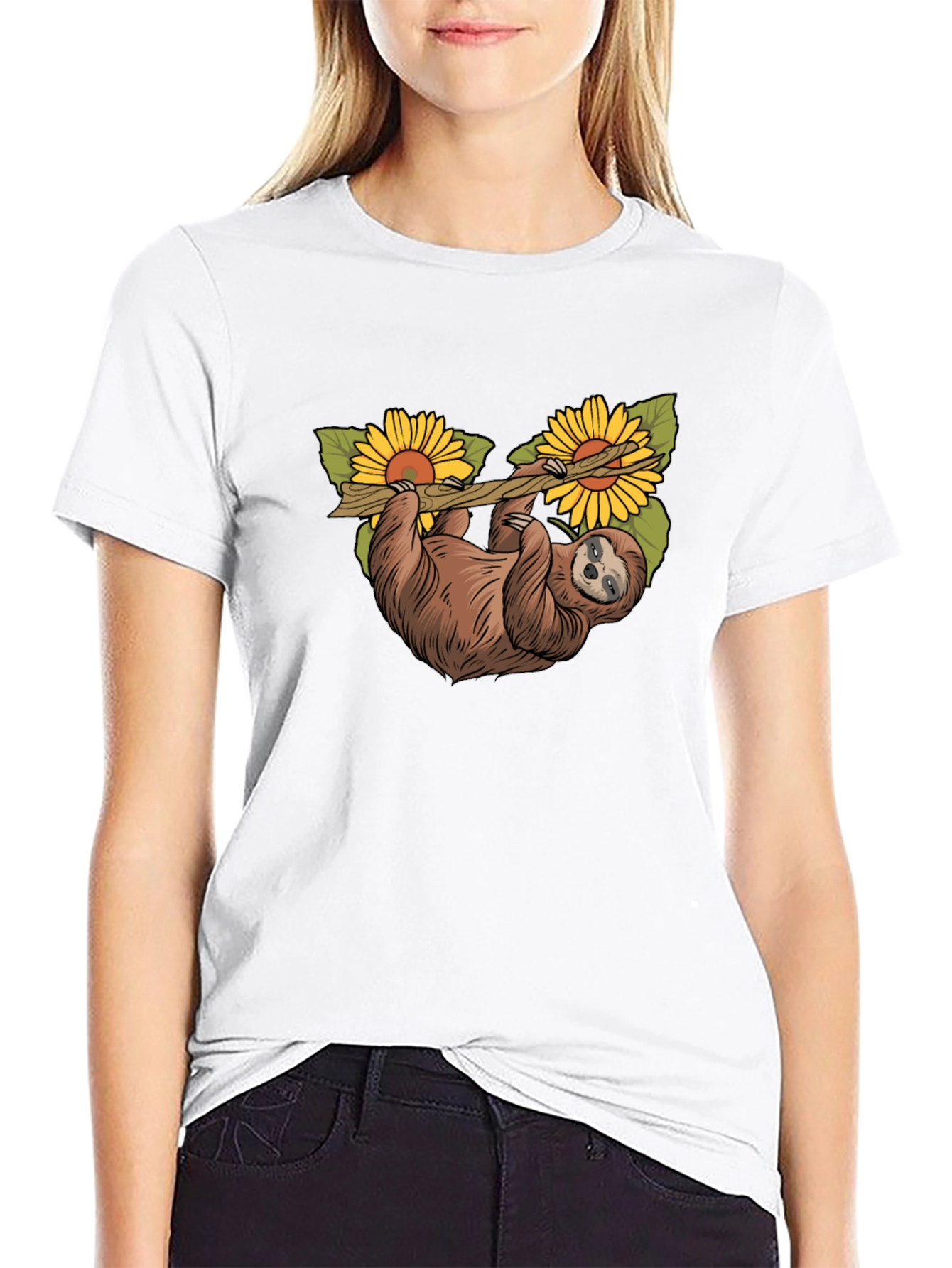 Black Sloth & Sunflower Graphic T-Shirt - Unique Design view 9