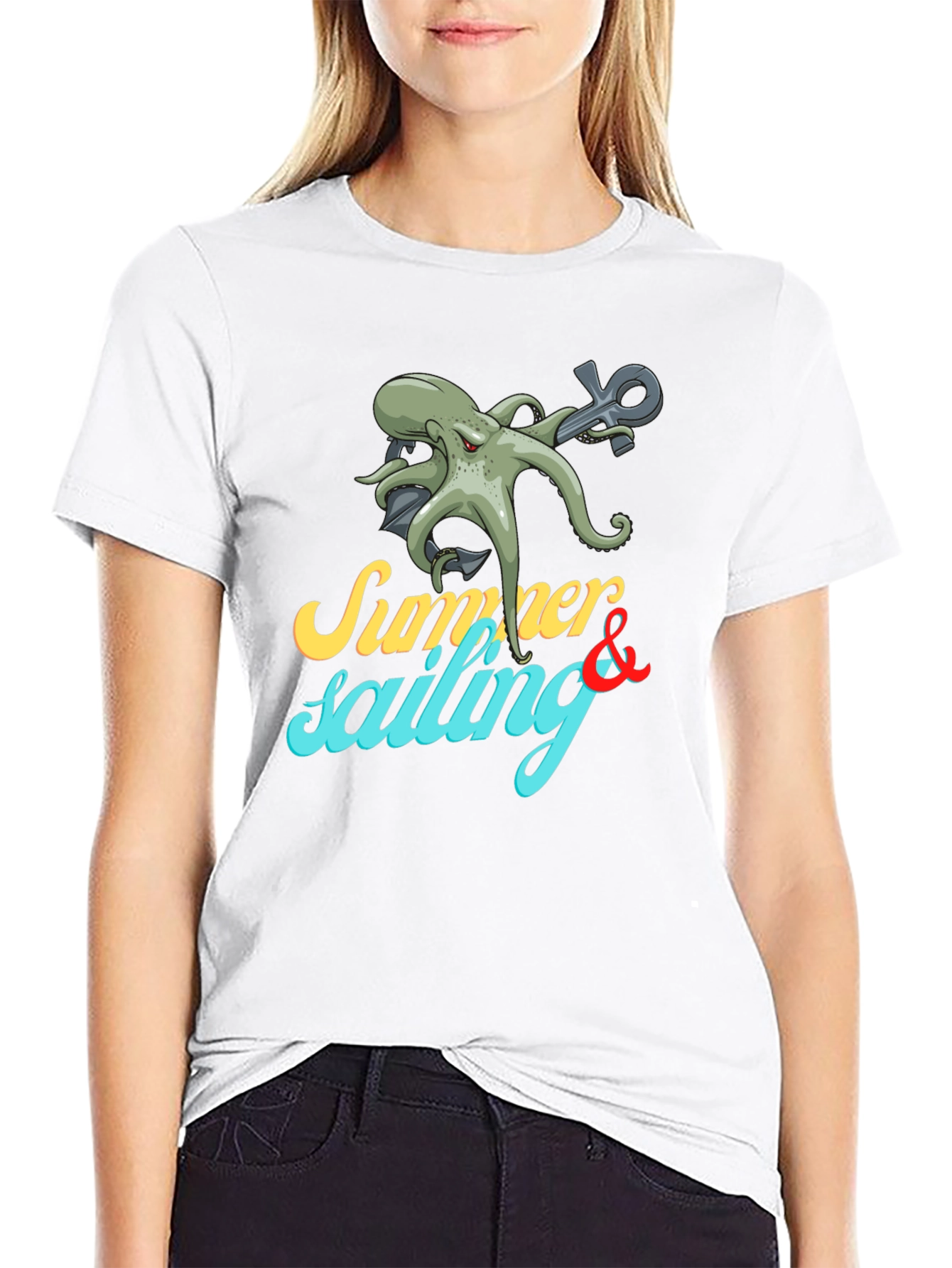 Black Summer Sailing Octopus Graphic Tee view 9