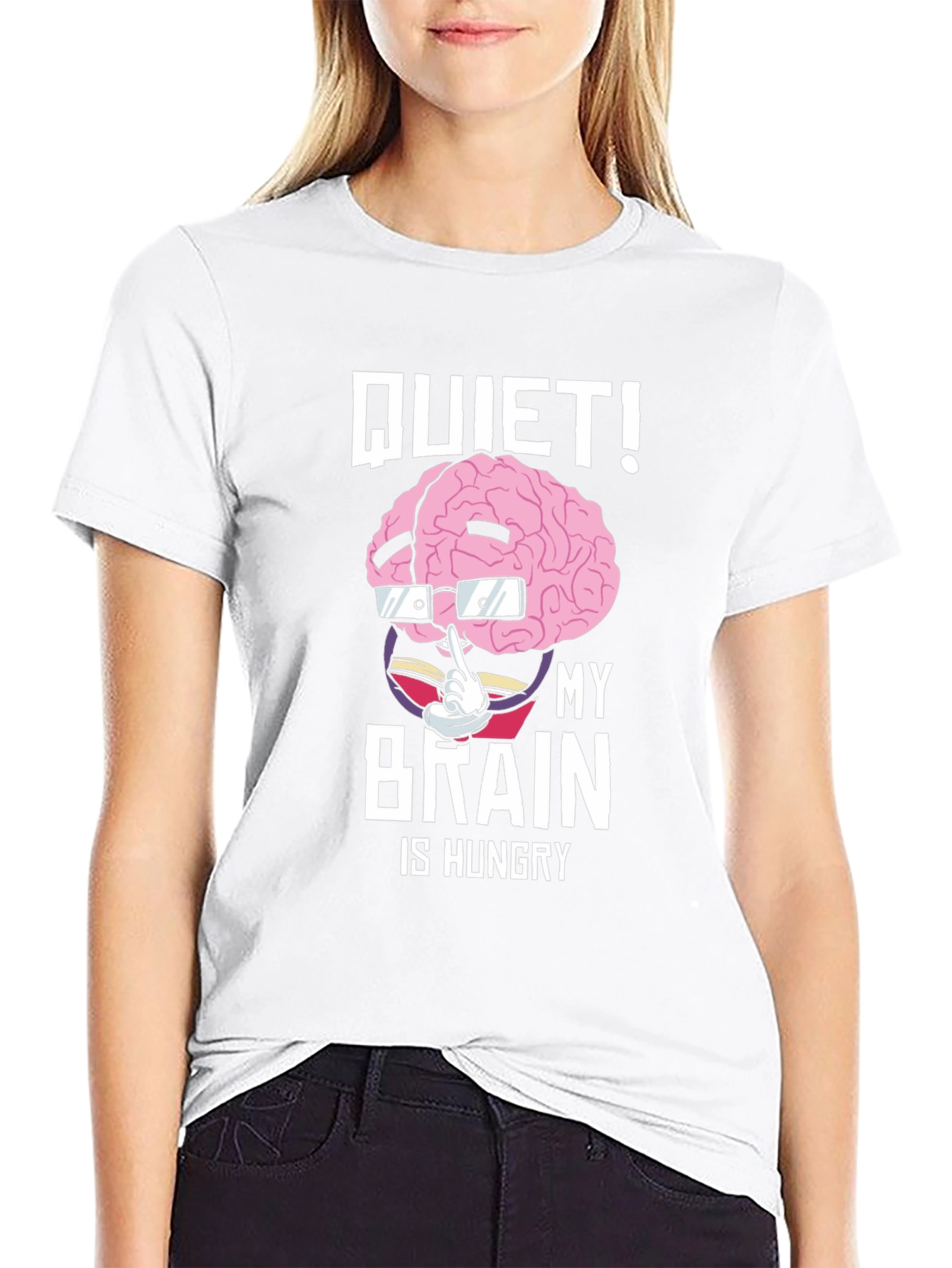 Black Quiet! My Brain is Hungry Graphic Tee view 9